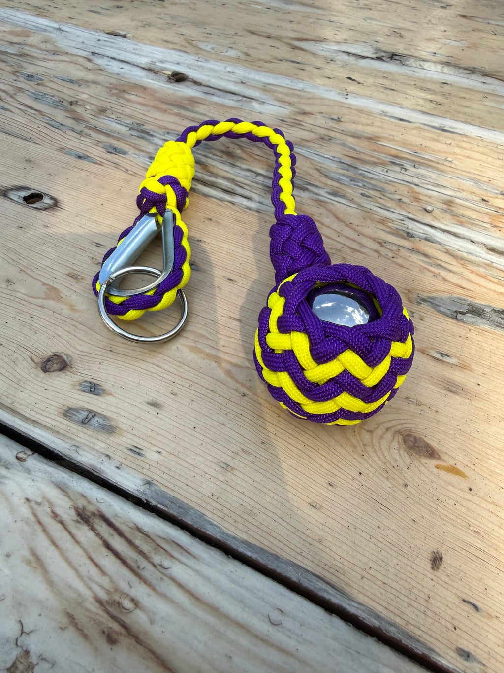 Decorative Paracord Wrapped 1.5 inch Steel Ball in Acid Purple and Yellow Keychain monkey fist style