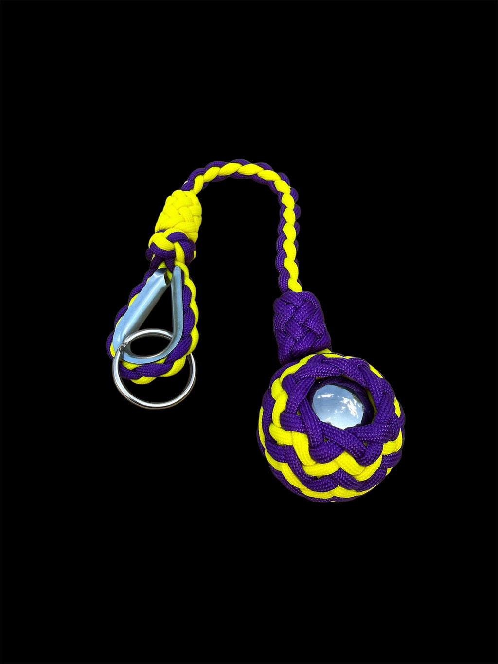 Decorative Paracord Wrapped 1.5 inch Steel Ball in Acid Purple and Yellow Keychain monkey fist style