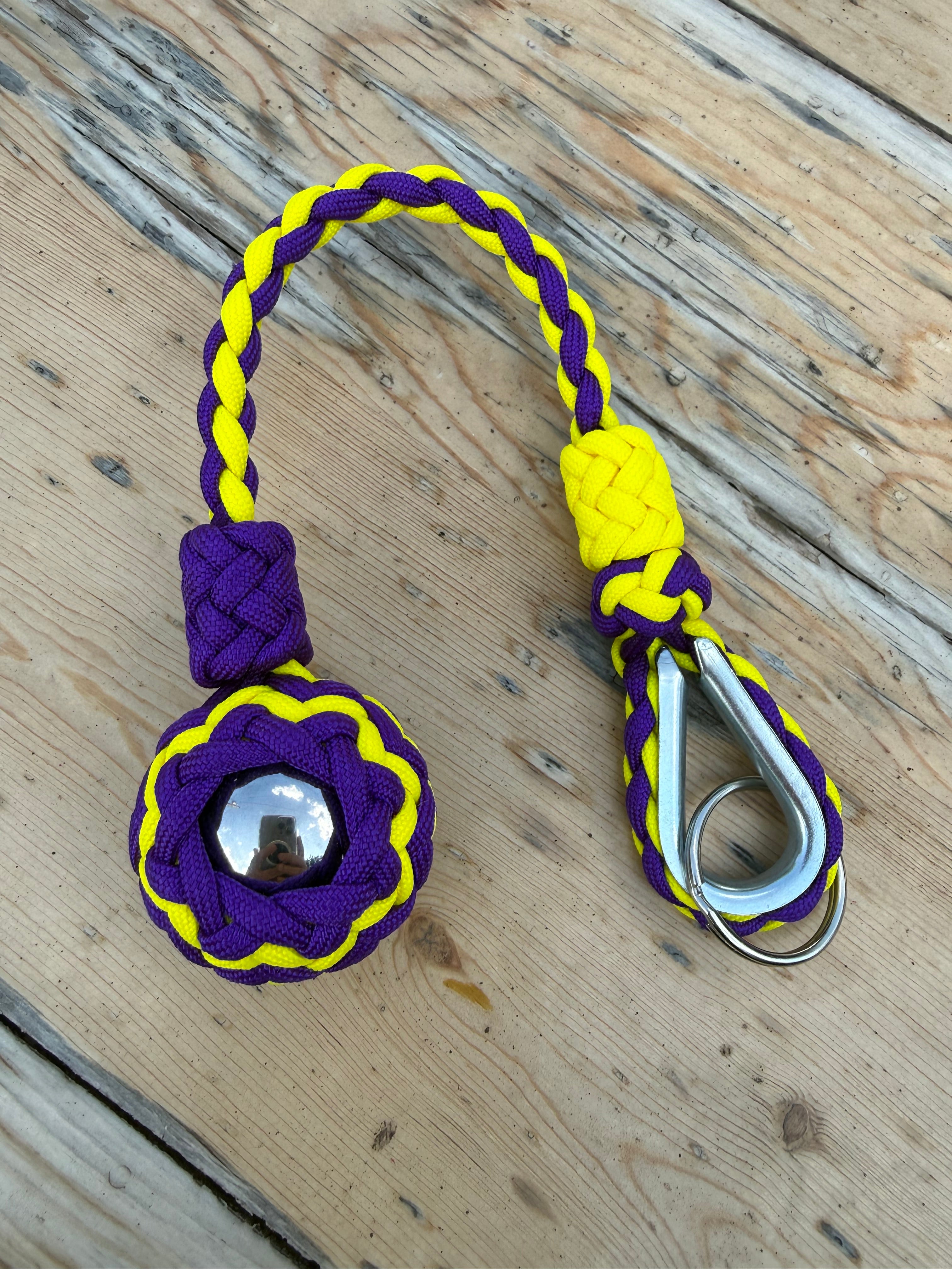 Decorative Paracord Wrapped 1.5 inch Steel Ball in Acid Purple and Yellow Keychain monkey fist style