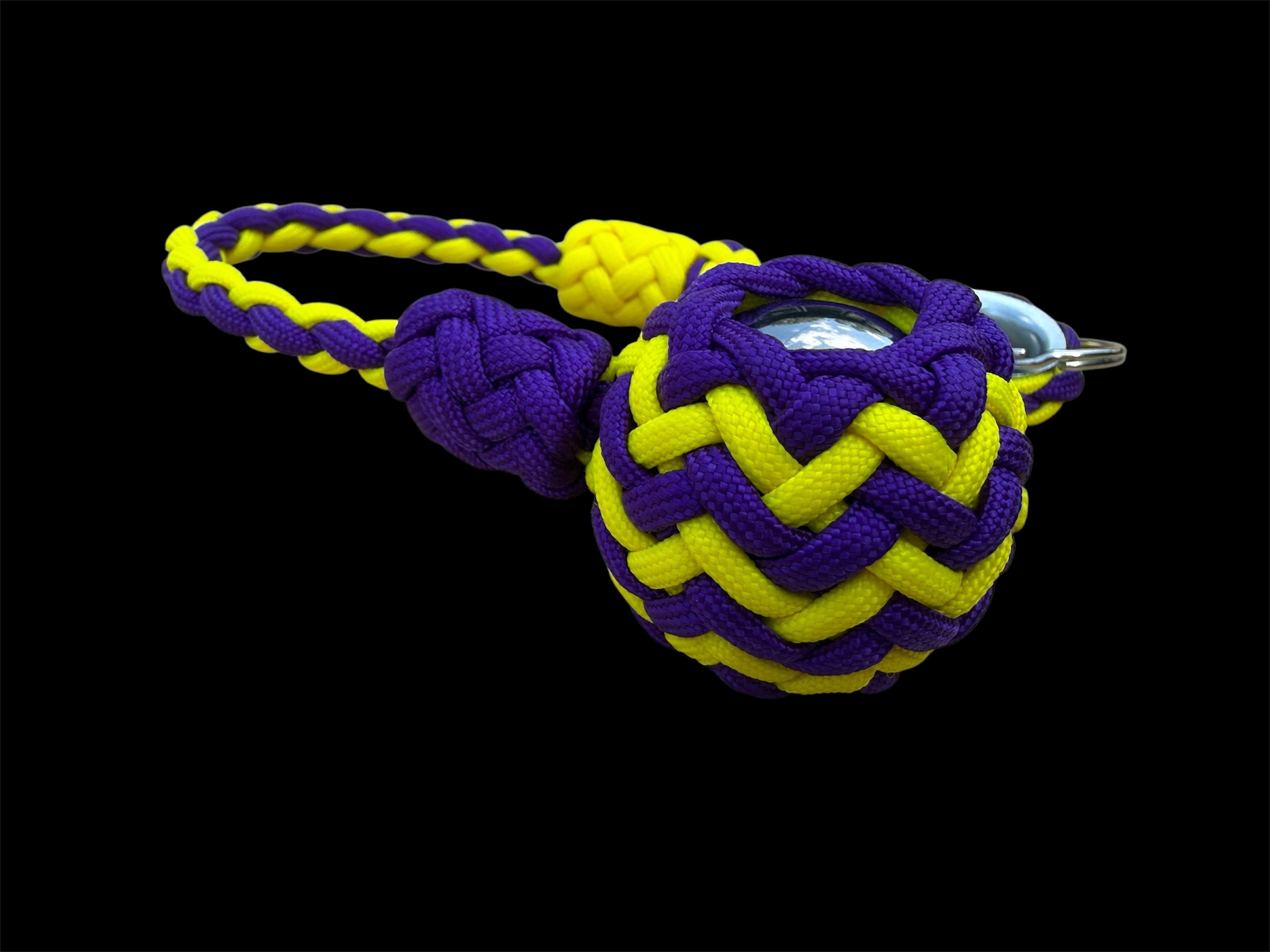 Decorative Paracord Wrapped 1.5 inch Steel Ball in Acid Purple and Yellow Keychain monkey fist style