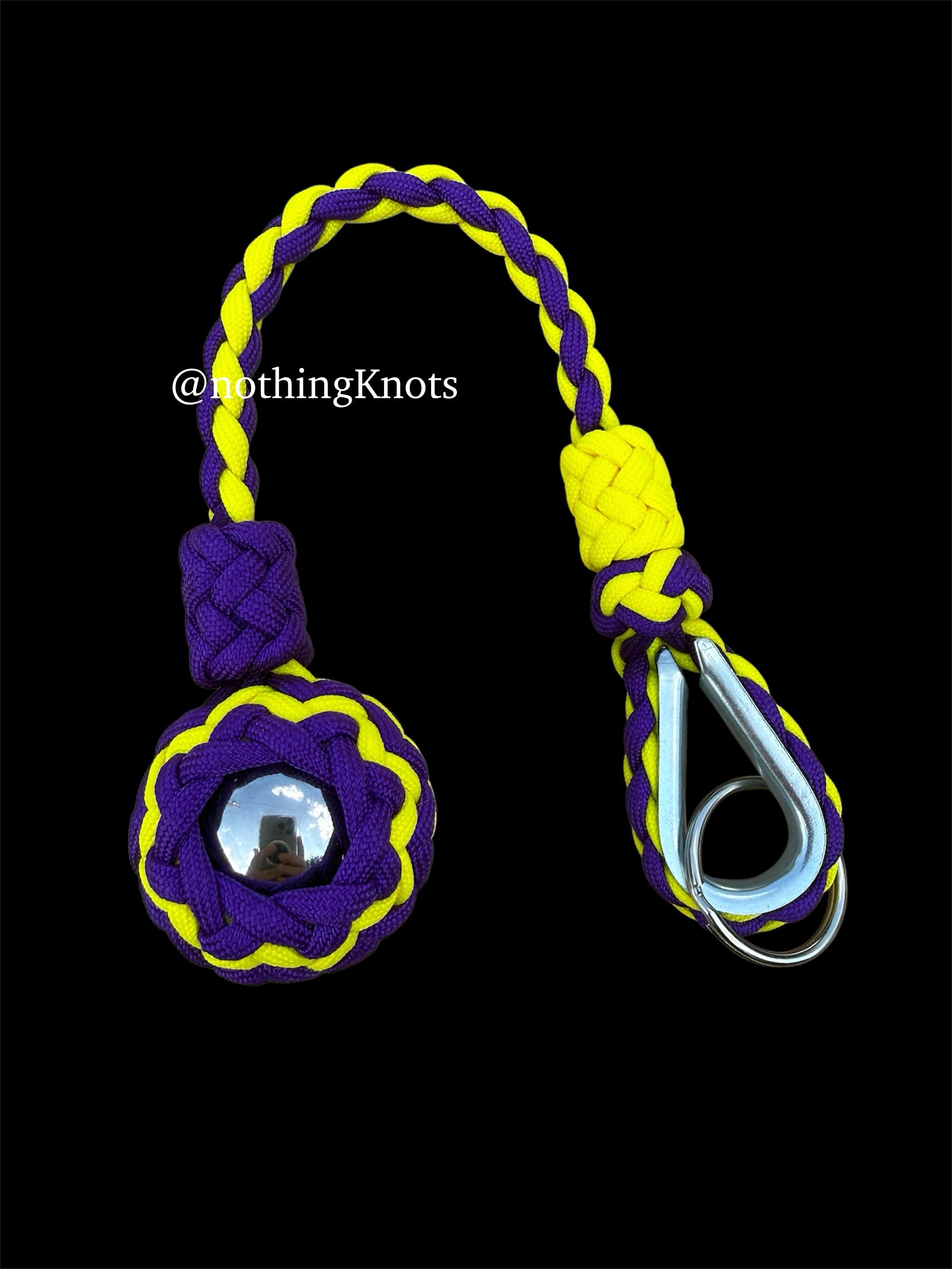 Decorative Paracord Wrapped 1.5 inch Steel Ball in Acid Purple and Yellow Keychain monkey fist style