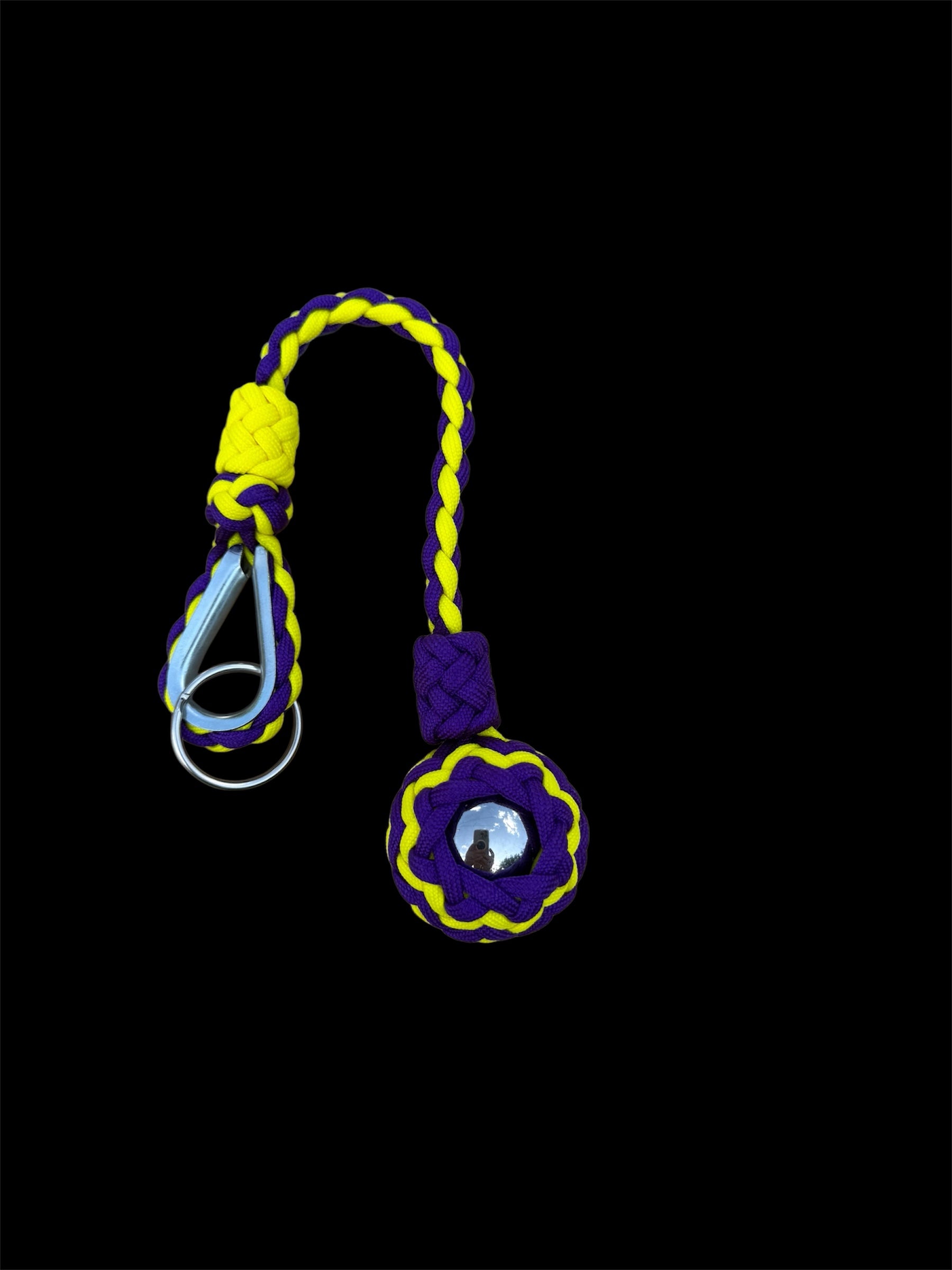 Decorative Paracord Wrapped 1.5 inch Steel Ball in Acid Purple and Yellow Keychain monkey fist style