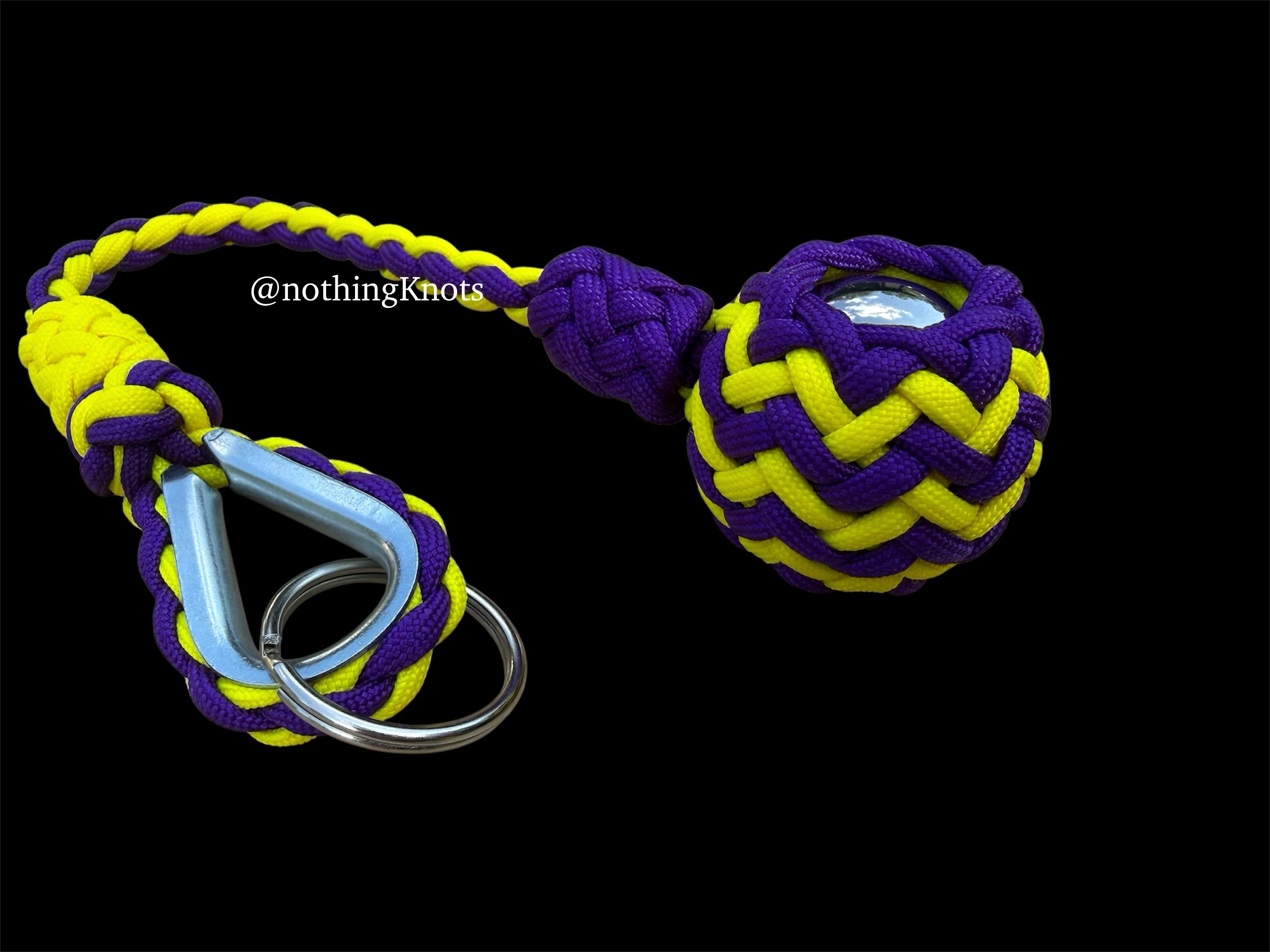 Decorative Paracord Wrapped 1.5 inch Steel Ball in Acid Purple and Yellow Keychain monkey fist style