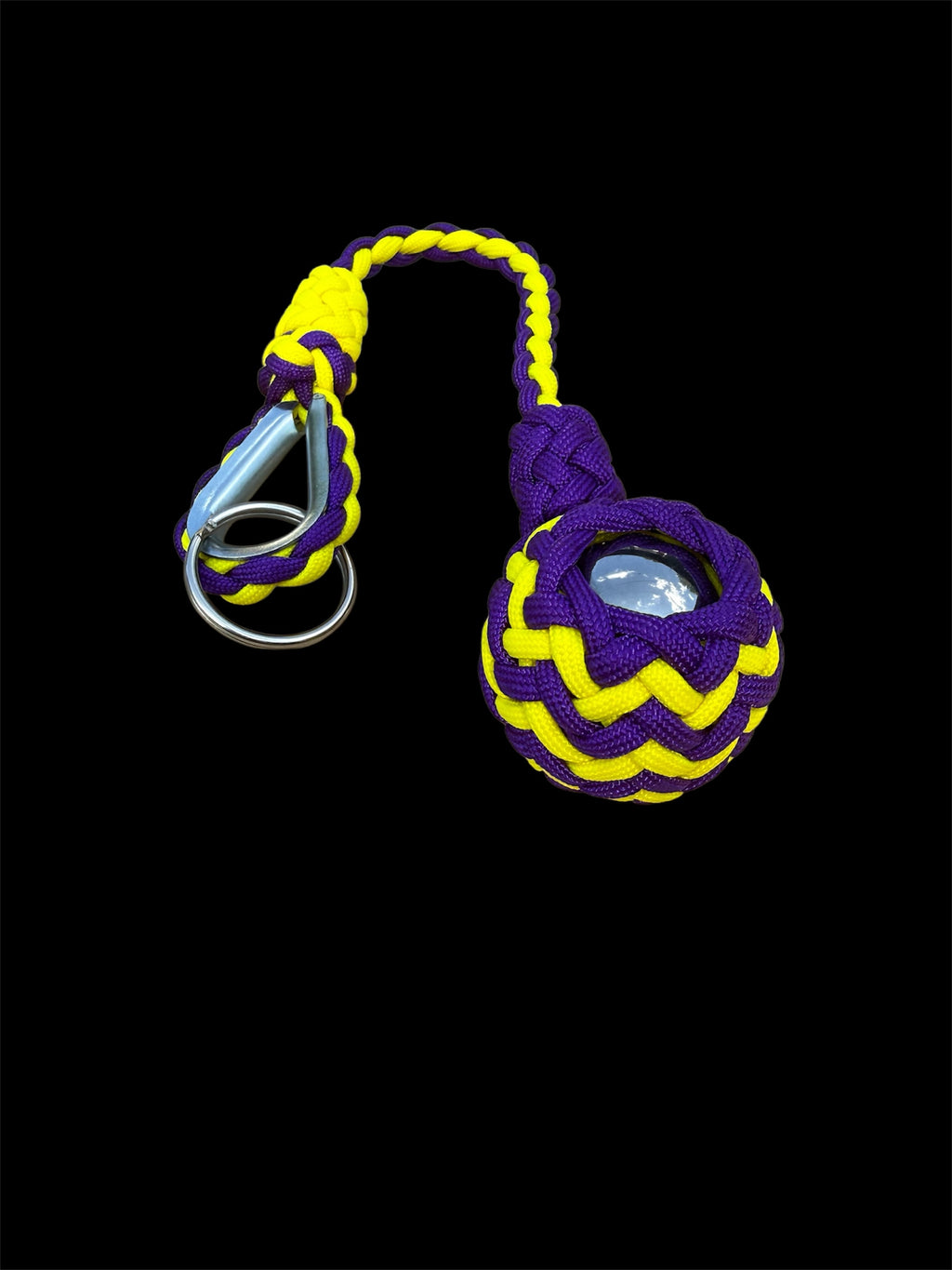 Decorative Paracord Wrapped 1.5 inch Steel Ball in Acid Purple and Yellow Keychain monkey fist style