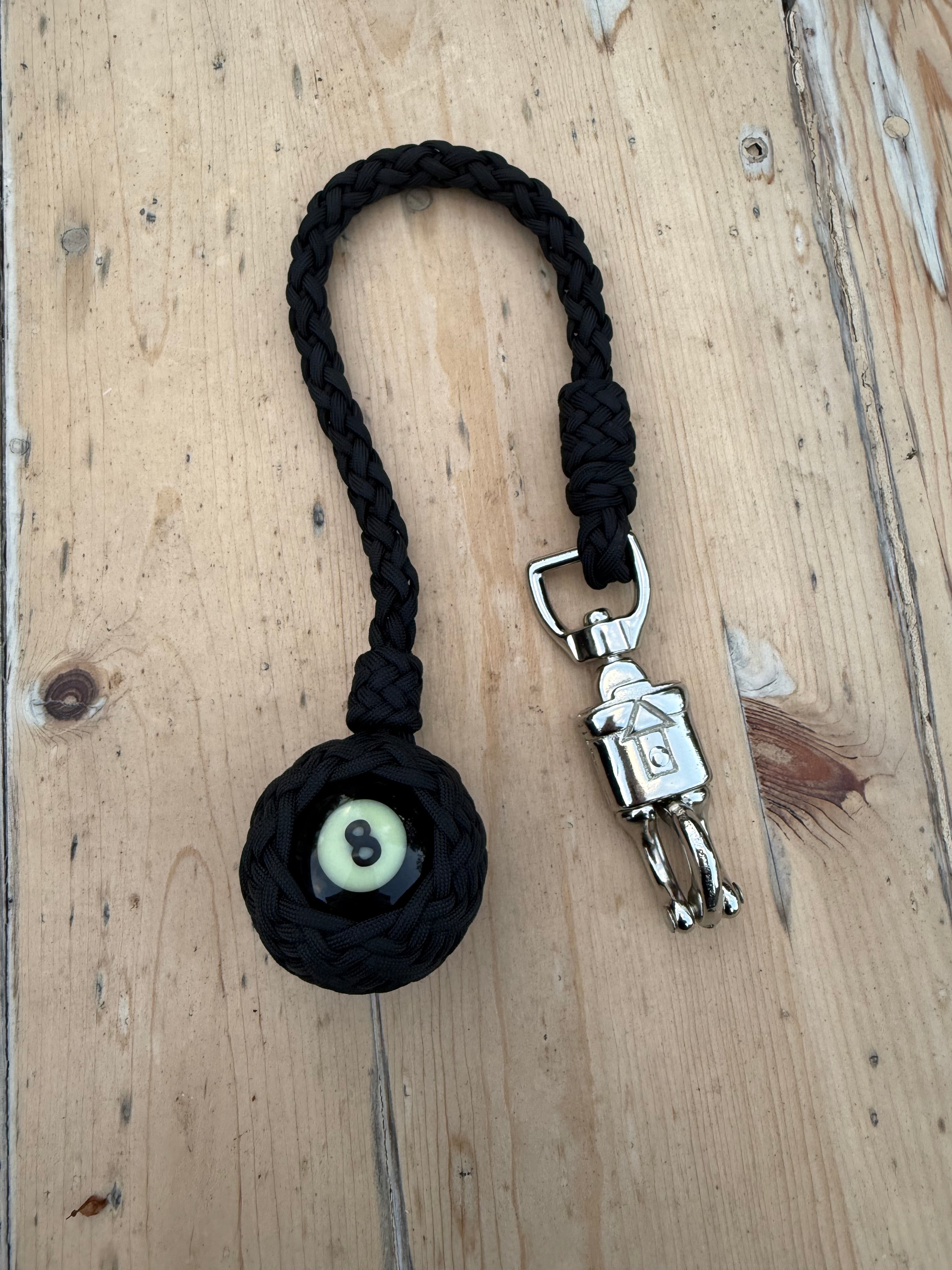 Paracord Motorcycle Get Back Whip in All Black with 8 ball on Panic Snap