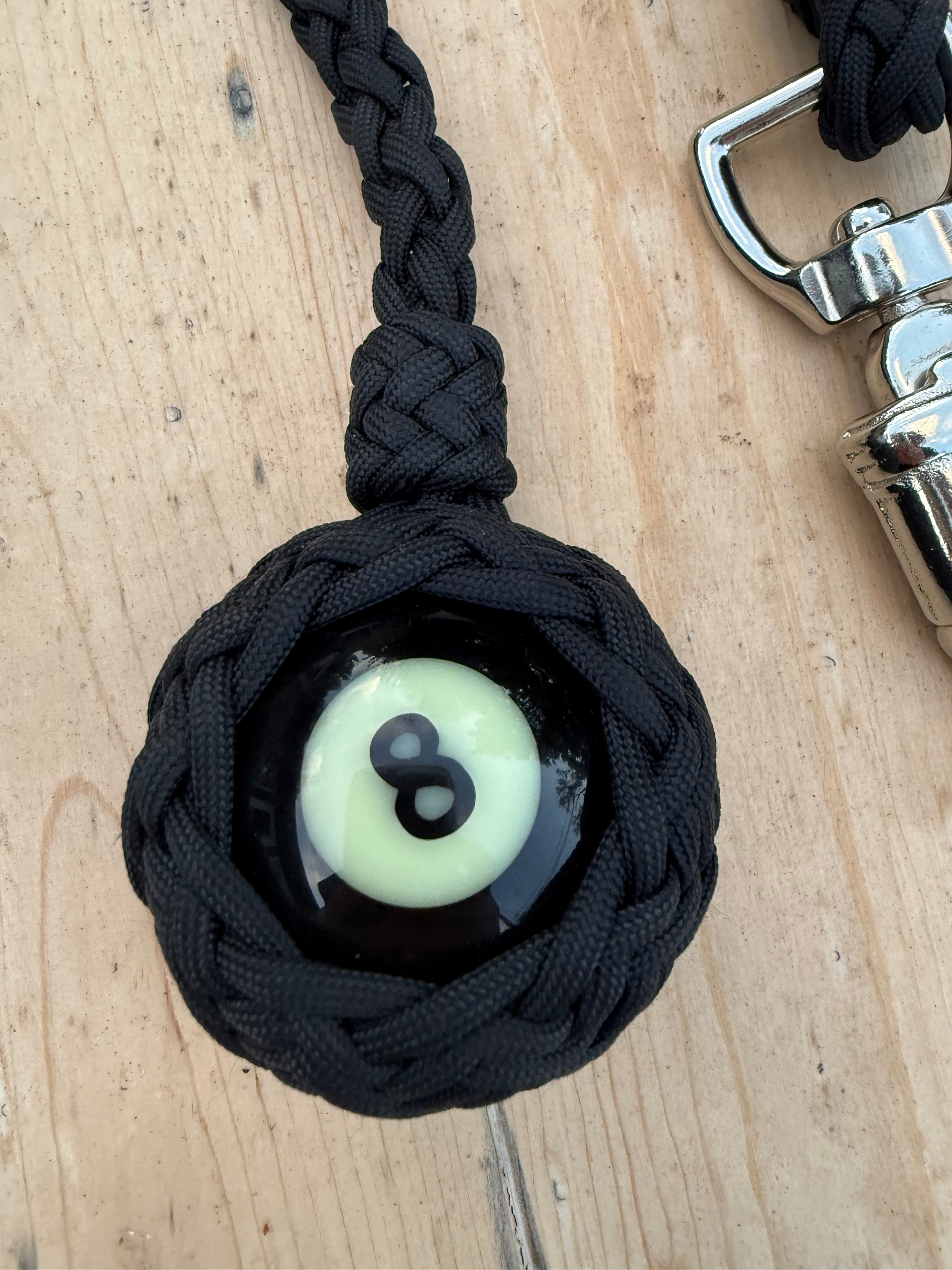 Paracord Motorcycle Get Back Whip in All Black with 8 ball on Panic Snap