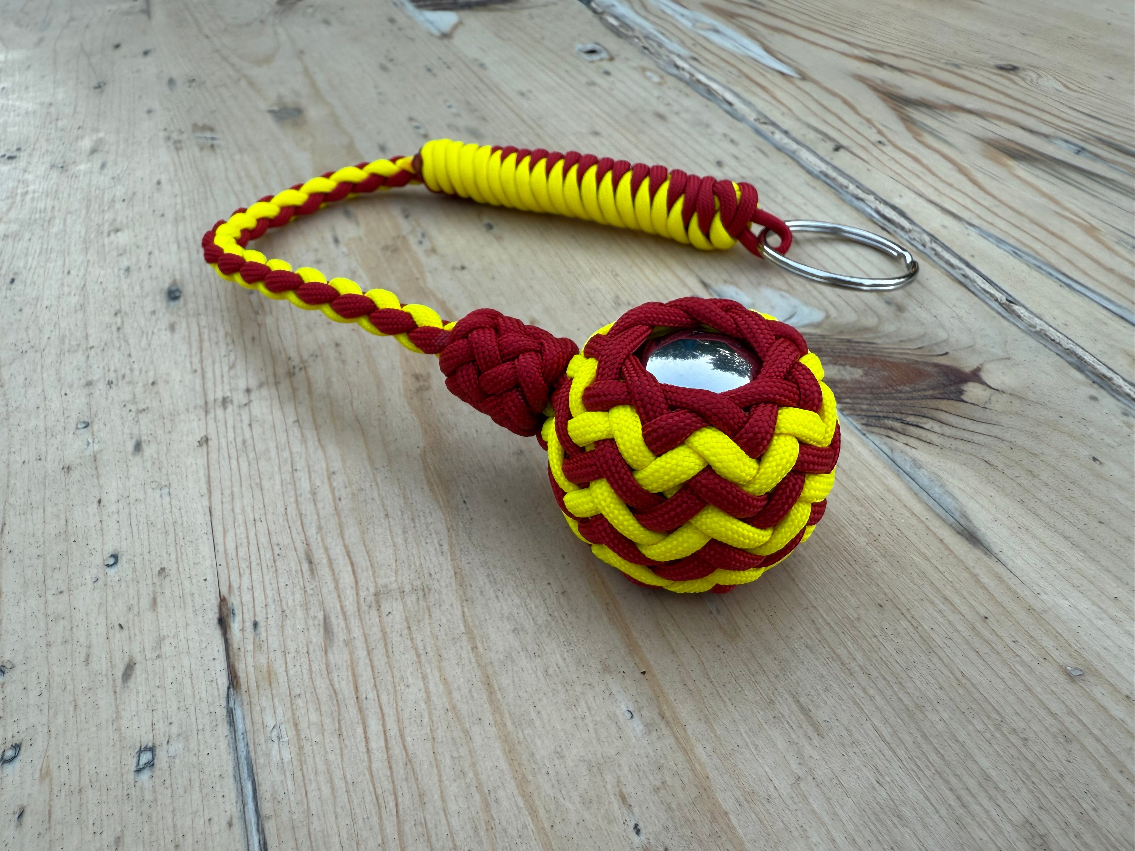 Decorative Paracord Wrapped 1.5 inch Steel Ball in Red and Gold Keychain monkey fist style