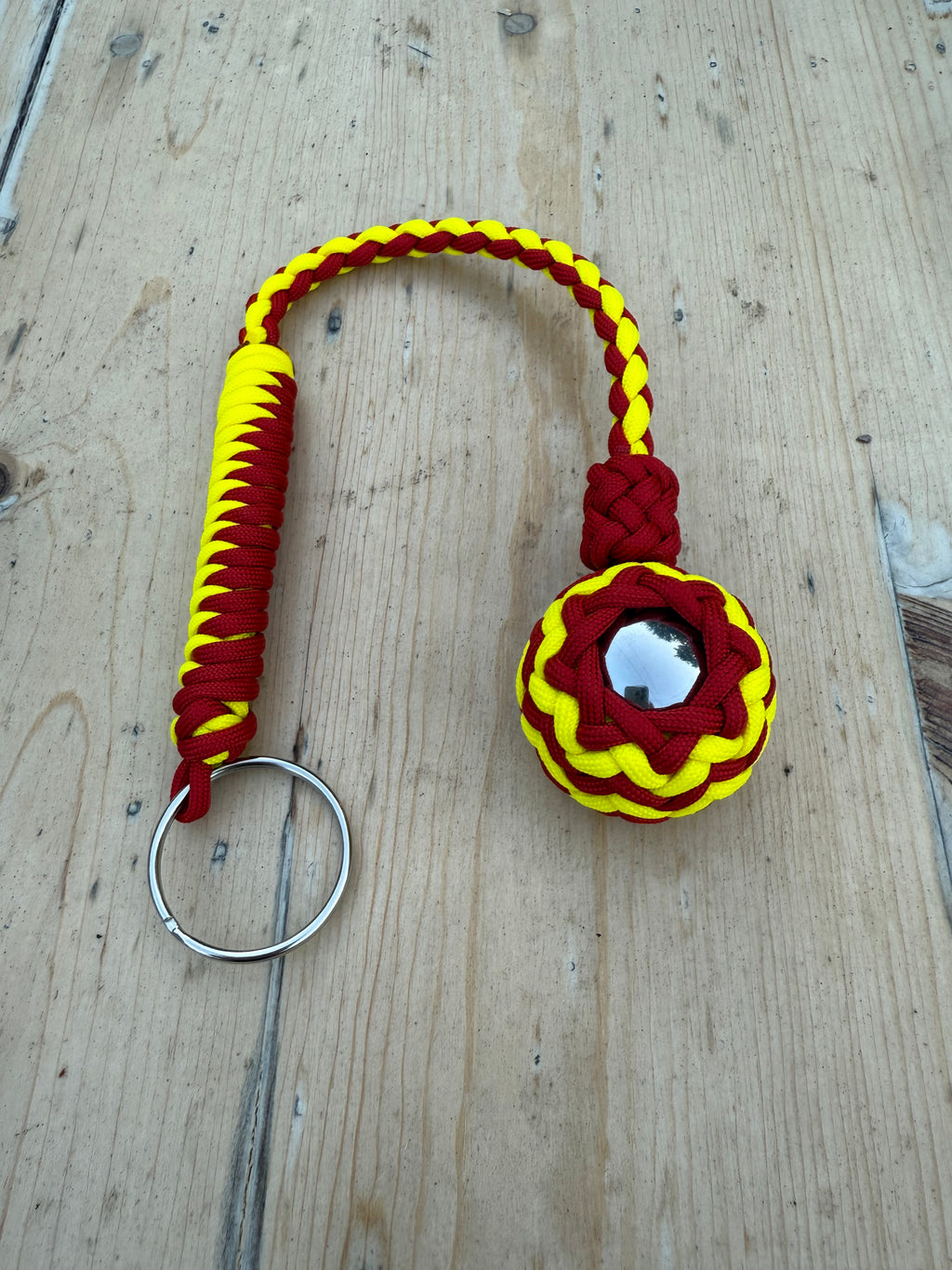 Decorative Paracord Wrapped 1.5 inch Steel Ball in Red and Gold Keychain monkey fist style
