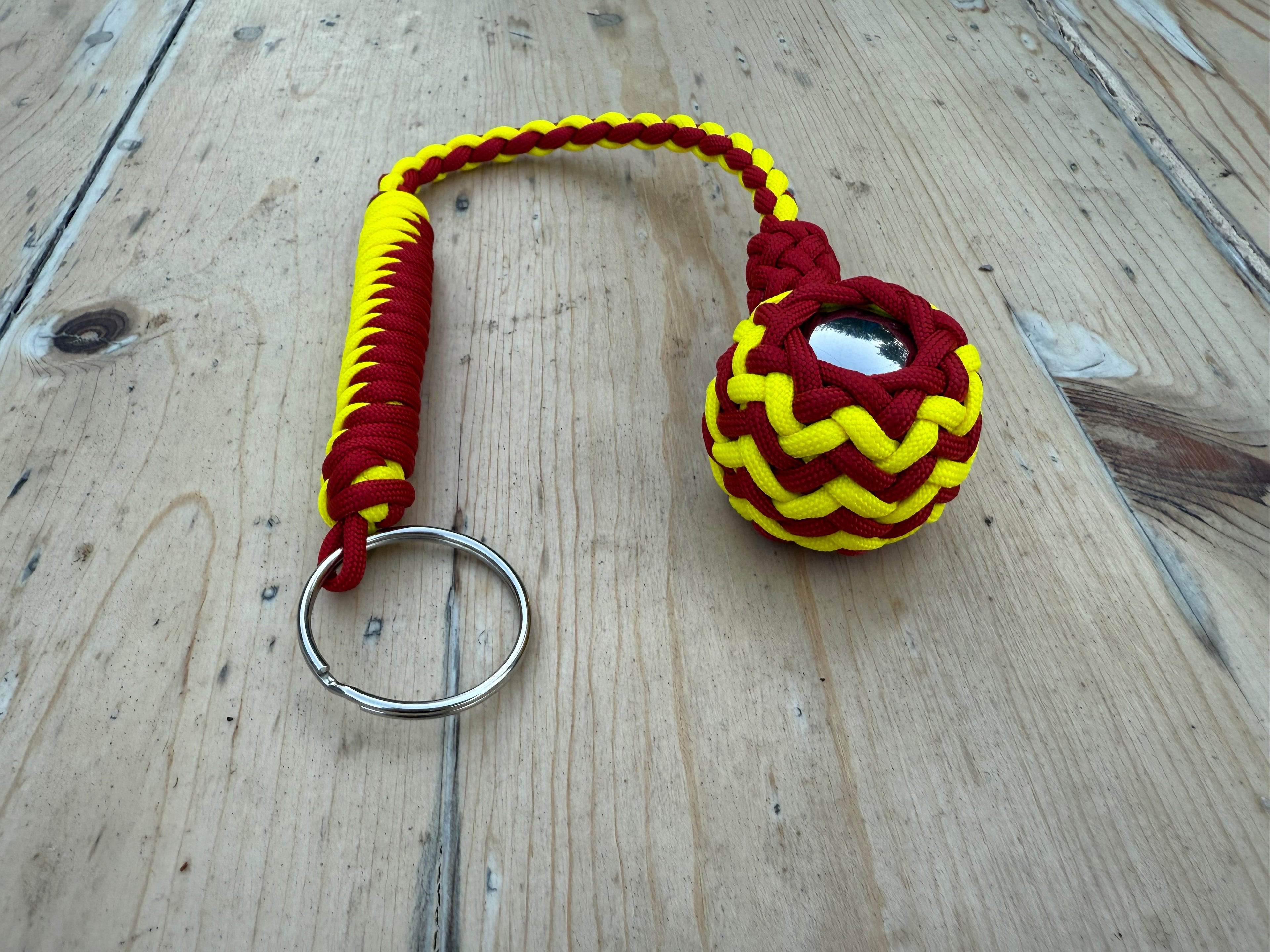 Decorative Paracord Wrapped 1.5 inch Steel Ball in Red and Gold Keychain monkey fist style