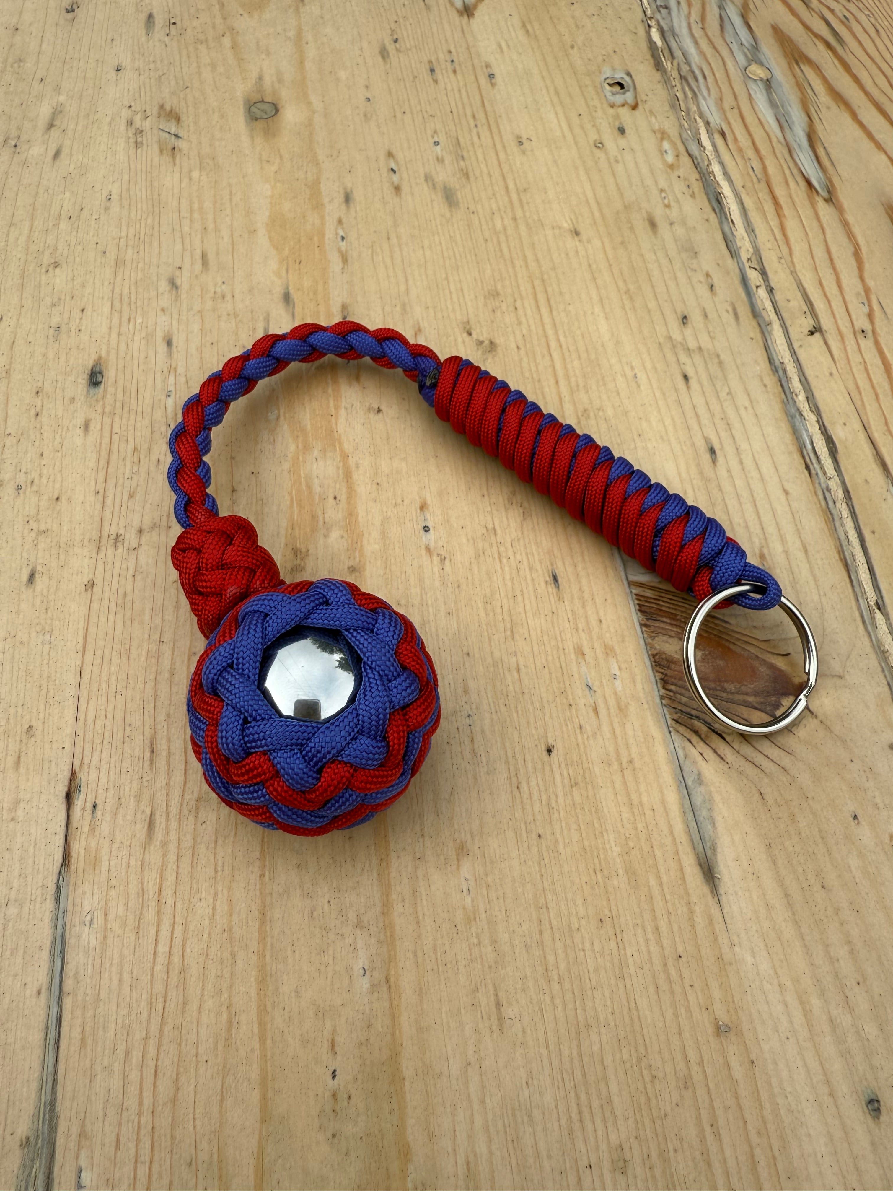 Decorative Paracord Wrapped 1.5 inch Steel Ball in Red and Blue Keychain monkey fist style