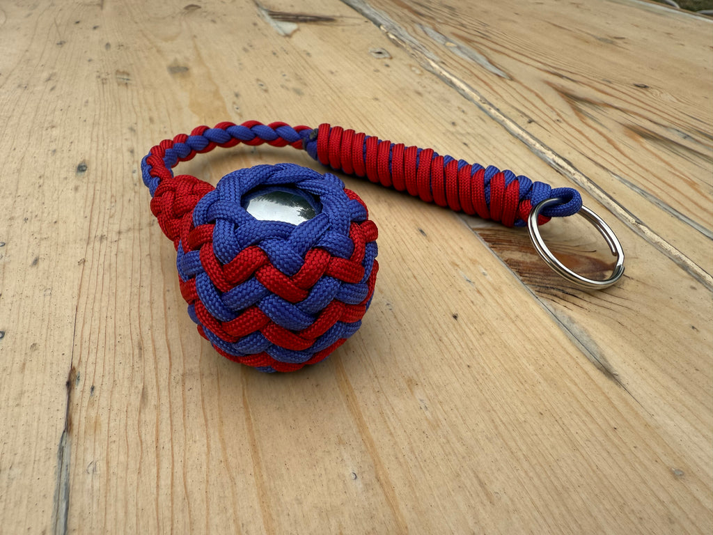 Decorative Paracord Wrapped 1.5 inch Steel Ball in Red and Blue Keychain monkey fist style