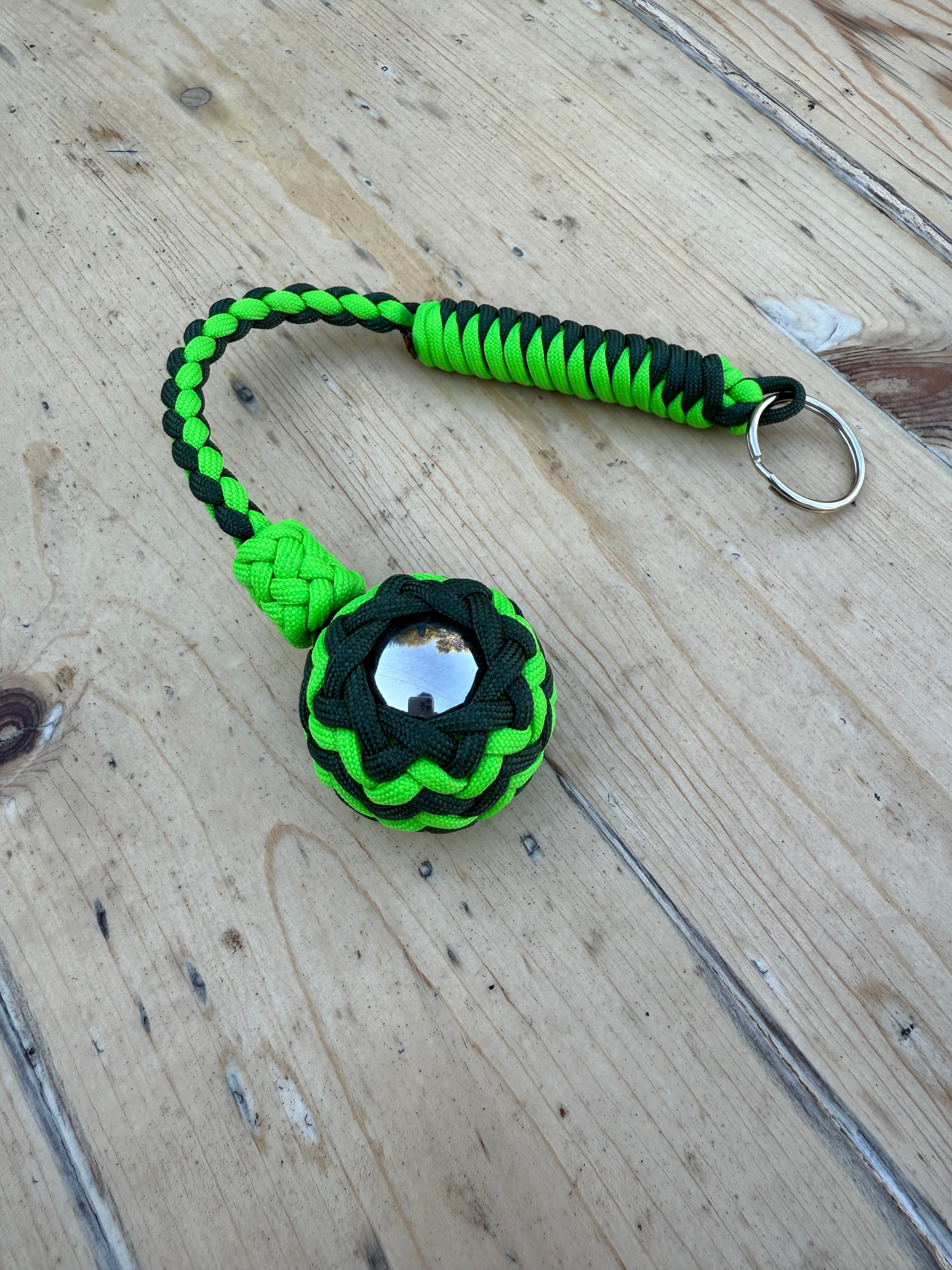 Decorative Paracord Wrapped 1.5 inch Steel Ball in Emerald and Neon Green Keychain monkey fist style