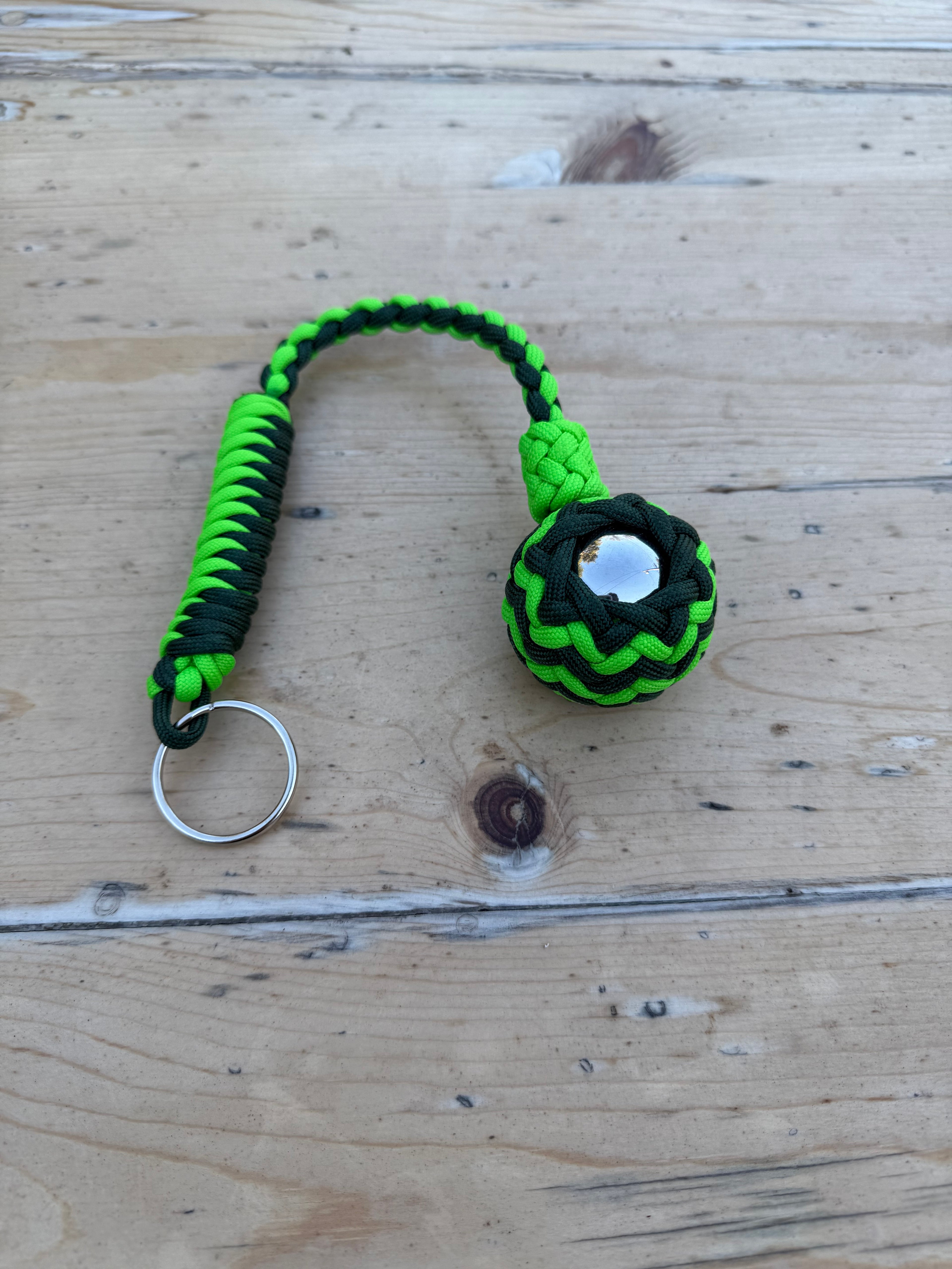 Decorative Paracord Wrapped 1.5 inch Steel Ball in Emerald and Neon Green Keychain monkey fist style