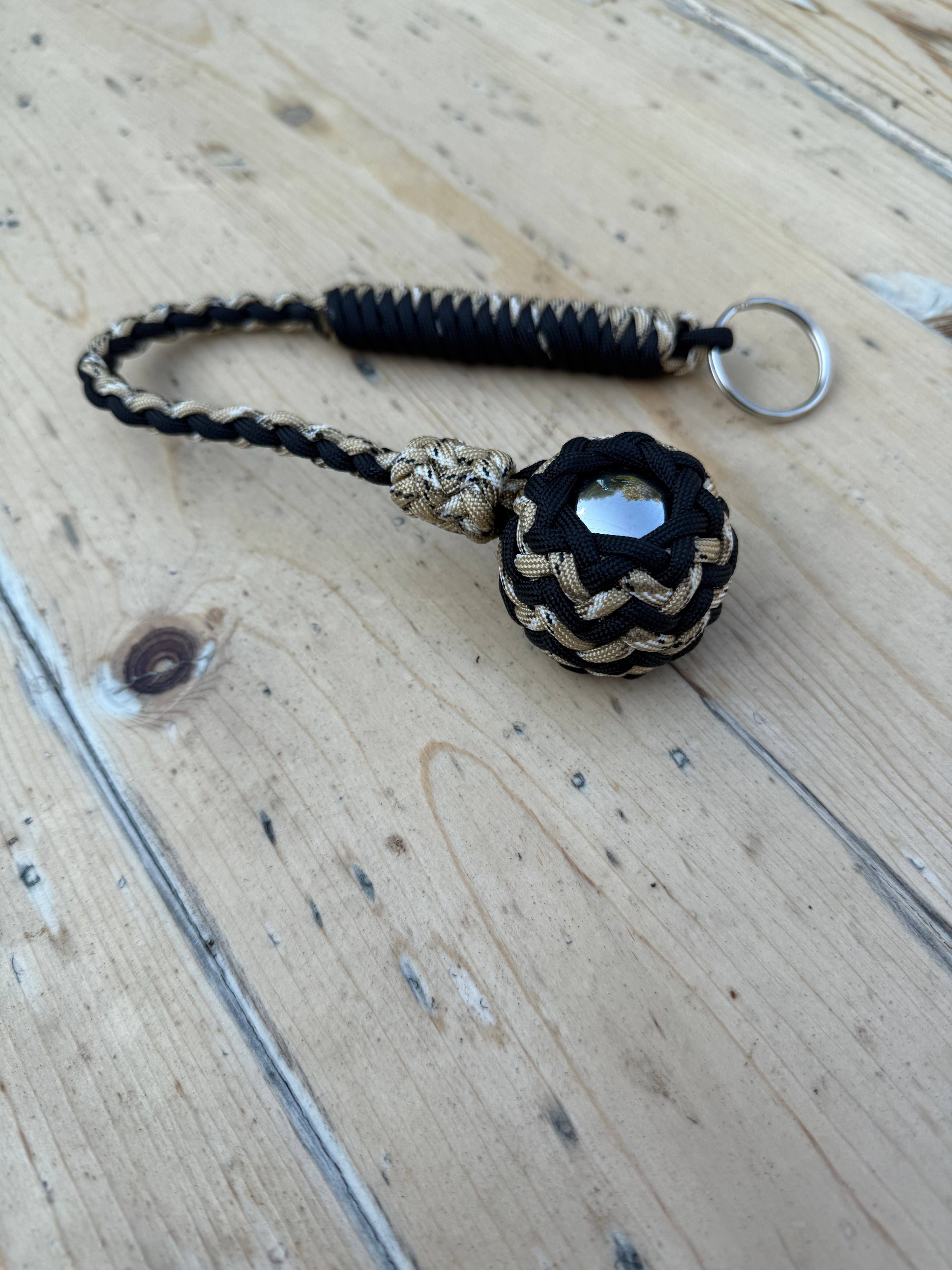 Decorative Paracord Wrapped 1.5 inch Steel Ball in Black and Tan Camo Keychain monkey fist style