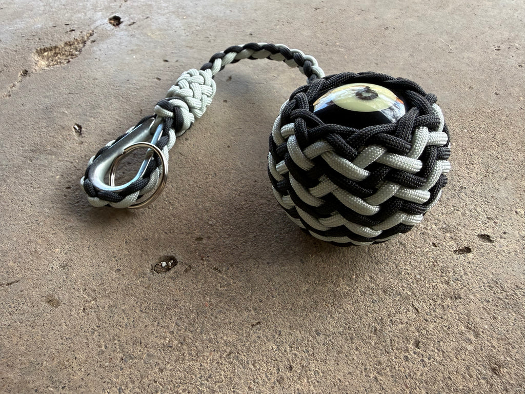 Decorative Paracord Wrapped 8 Ball in Black/Silver paracord on stainless steel thimble monkey fist style keychain