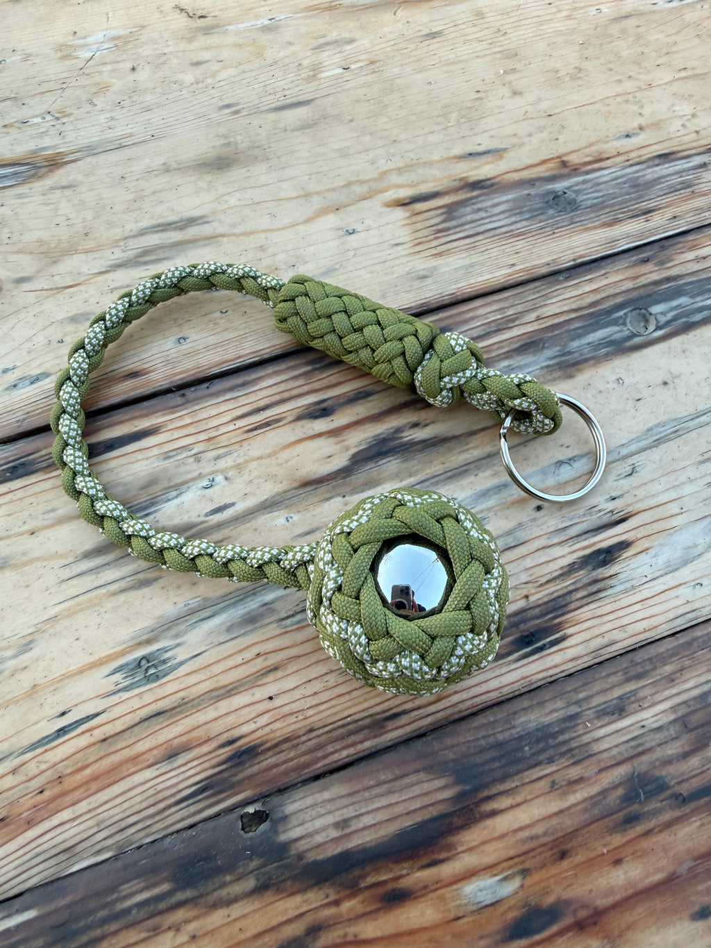 Decorative Paracord Wrapped 1.5 inch Steel Ball in Moss Green and Moss Green with White Diamonds Keychain monkey fist style on a split ring