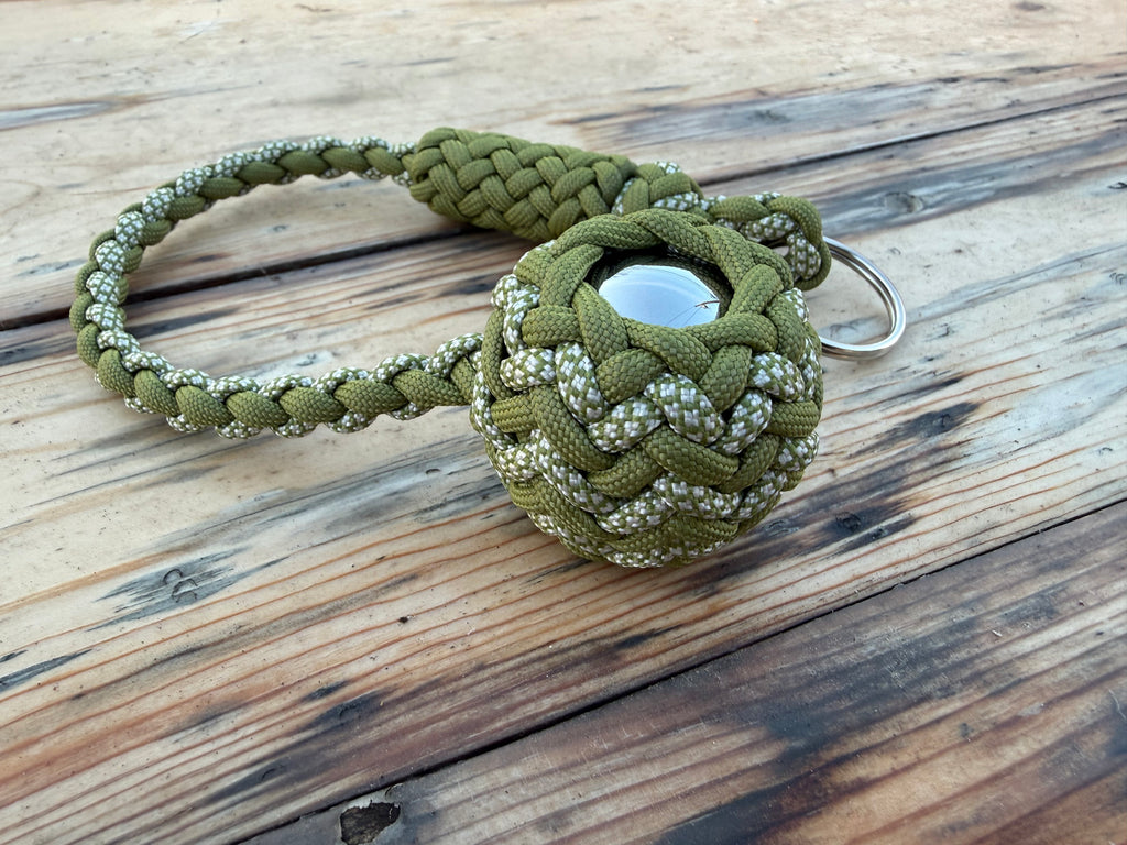 Decorative Paracord Wrapped 1.5 inch Steel Ball in Moss Green and Moss Green with White Diamonds Keychain monkey fist style on a split ring
