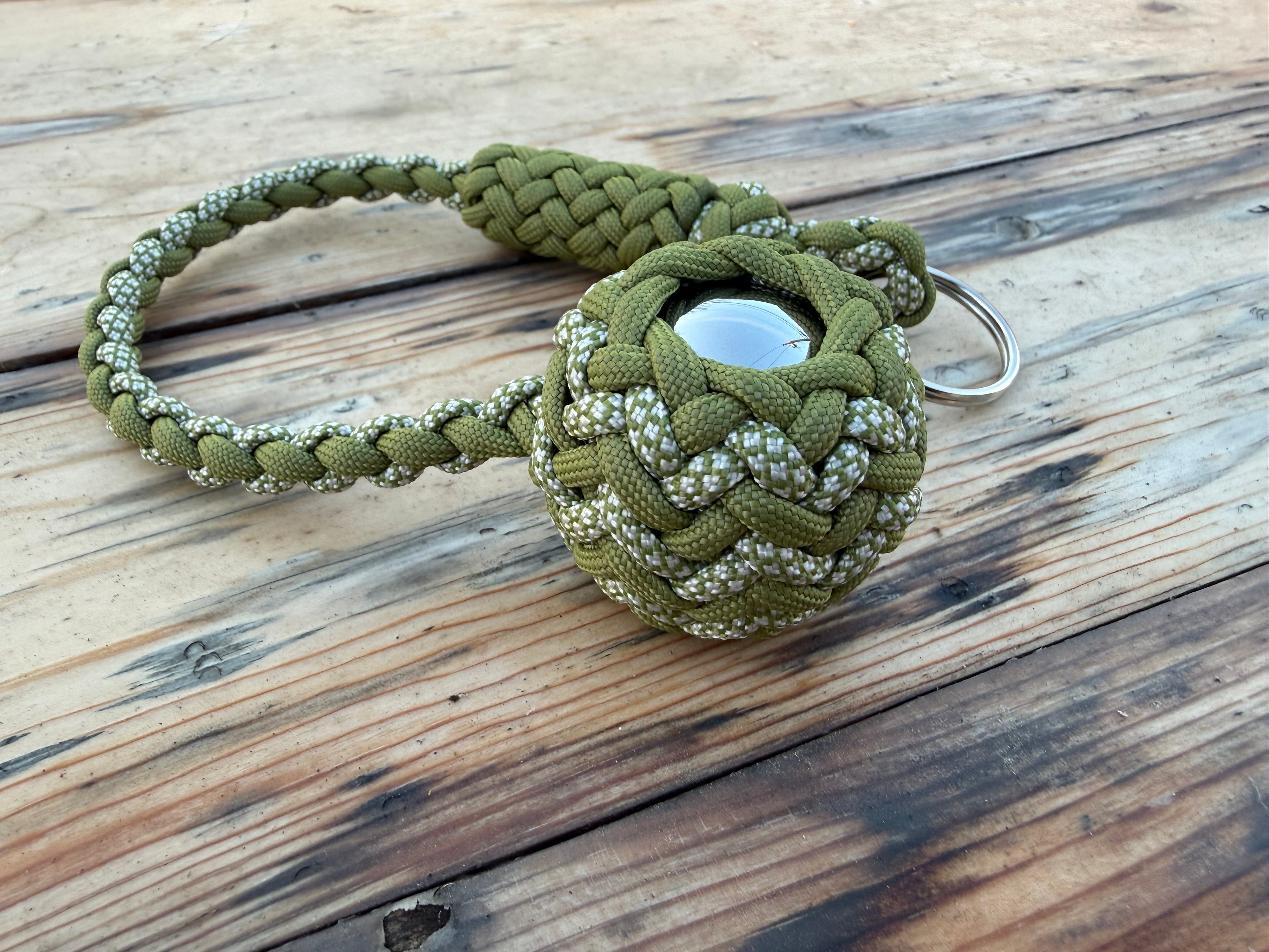 Decorative Paracord Wrapped 1.5 inch Steel Ball in Moss Green and Moss Green with White Diamonds Keychain monkey fist style on a split ring