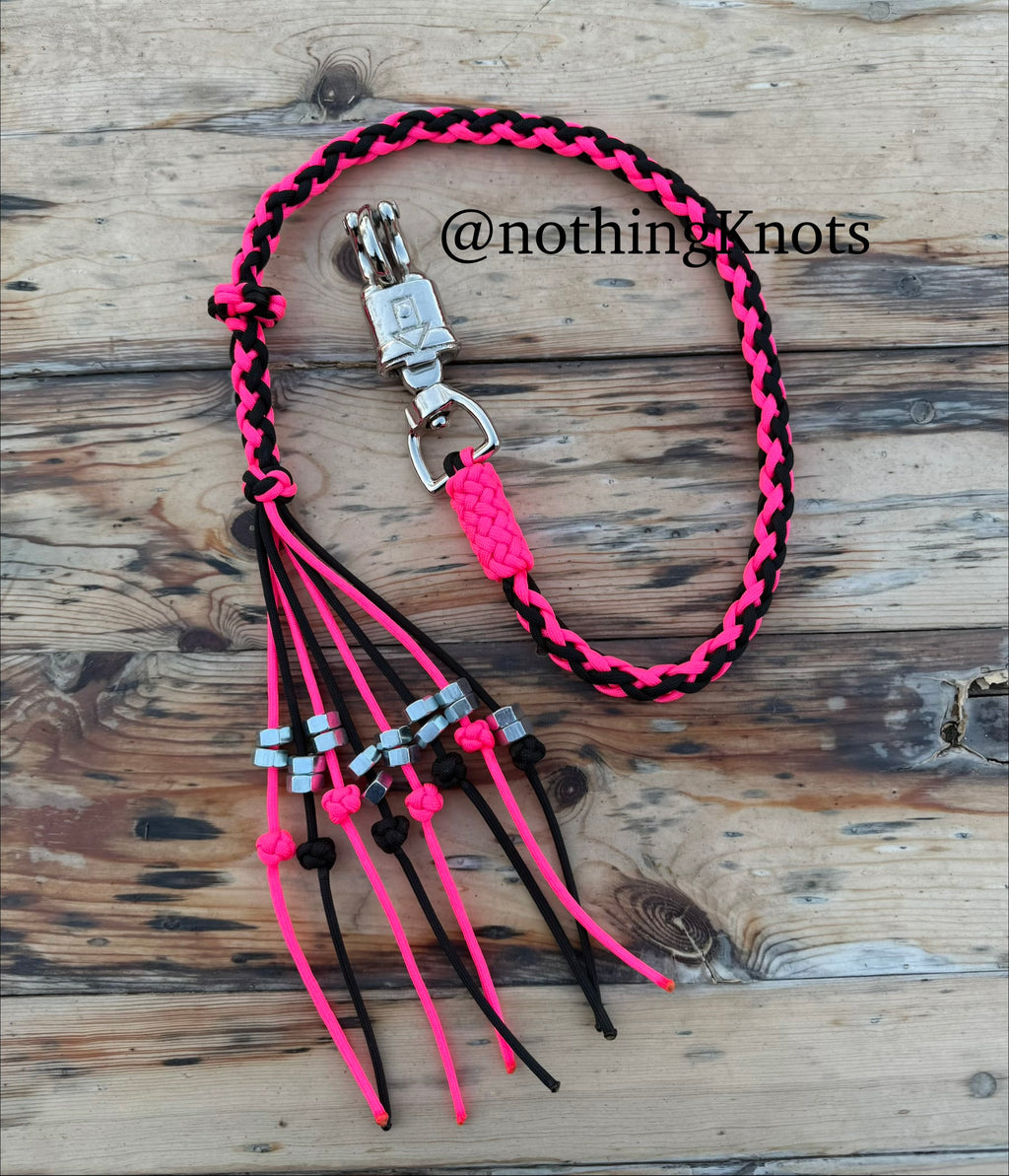 Decorative Paracord Motorcycle Get Back Whip in Black and Hot Pink on Panic Snap