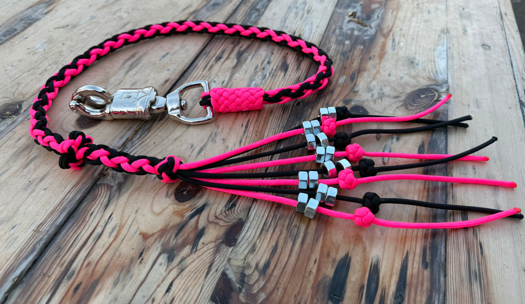 Decorative Paracord Motorcycle Get Back Whip in Black and Hot Pink on Panic Snap