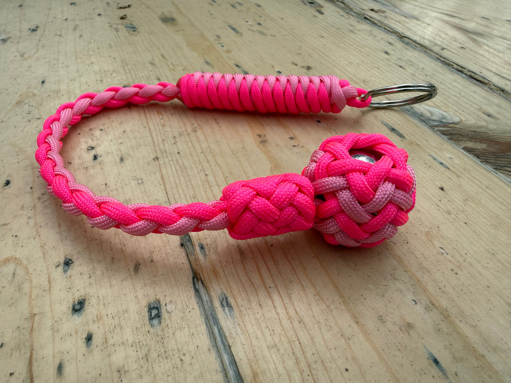 Decorative Paracord Wrapped 1 inch Steel Ball in Hot Pink and Soft Pink Keychain monkey fist style on a split ring