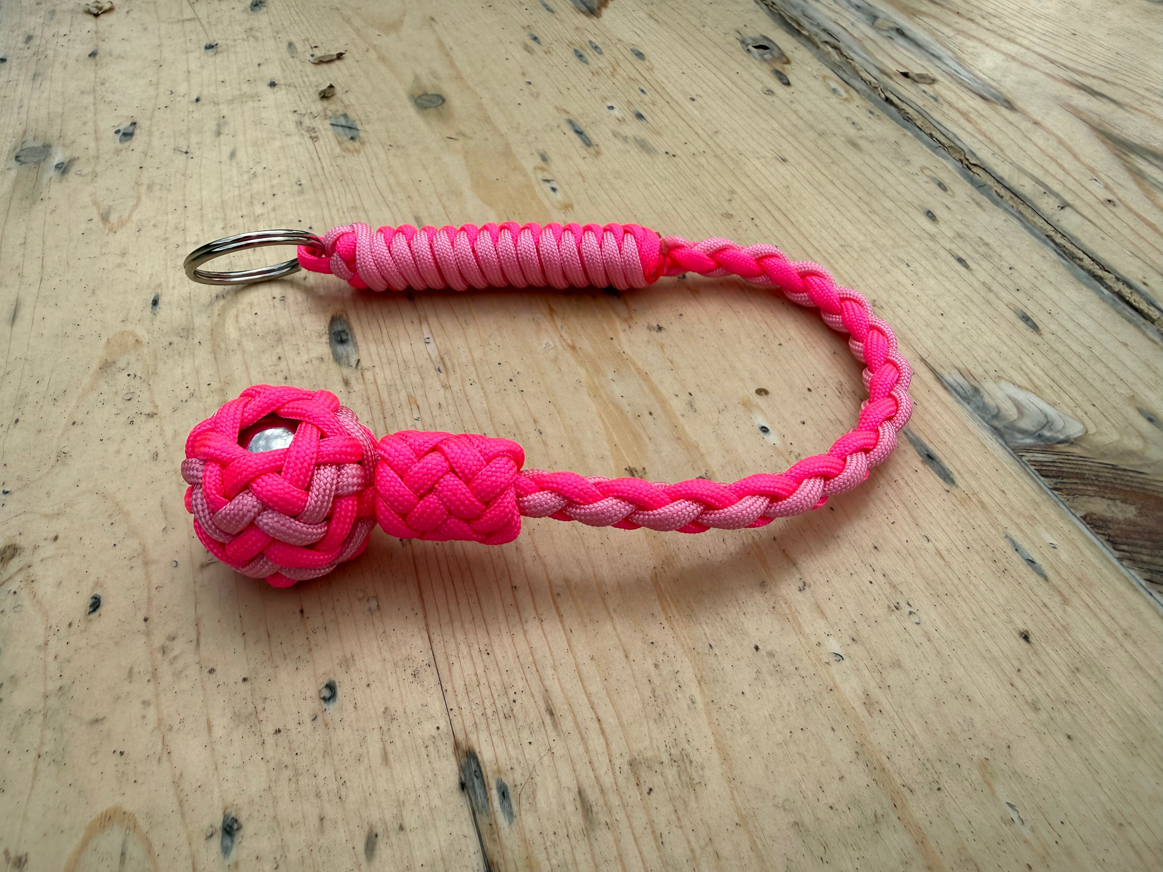 Decorative Paracord Wrapped 1 inch Steel Ball in Hot Pink and Soft Pink Keychain monkey fist style on a split ring