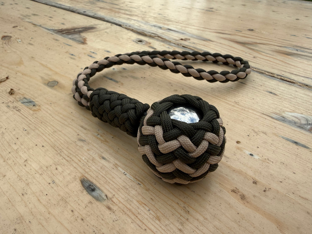 Decorative Paracord Wrapped 1.5 inch Steel Ball in OD Green and Tan monkey fist style with a handle