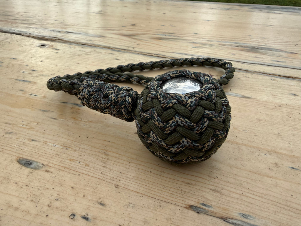 Decorative Paracord Wrapped 2 inch Steel Ball in OD Green and Waterfowl Camo monkey fist style with a handle