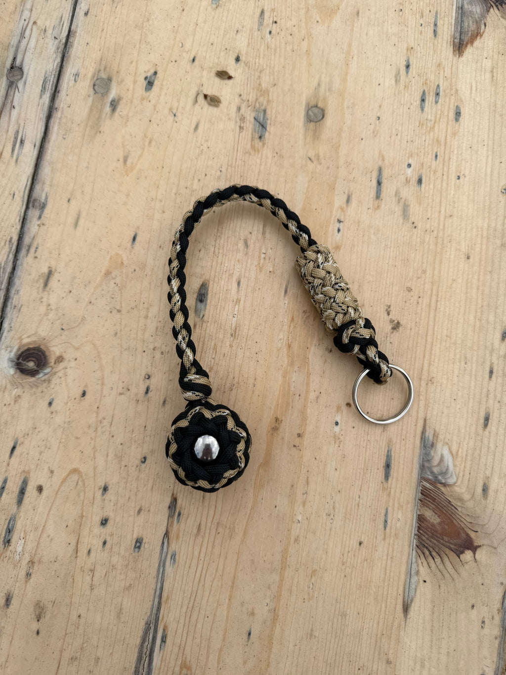 Decorative Paracord Wrapped 1.25 inch Steel Ball in Black and Tan Camo Keychain monkey fist style