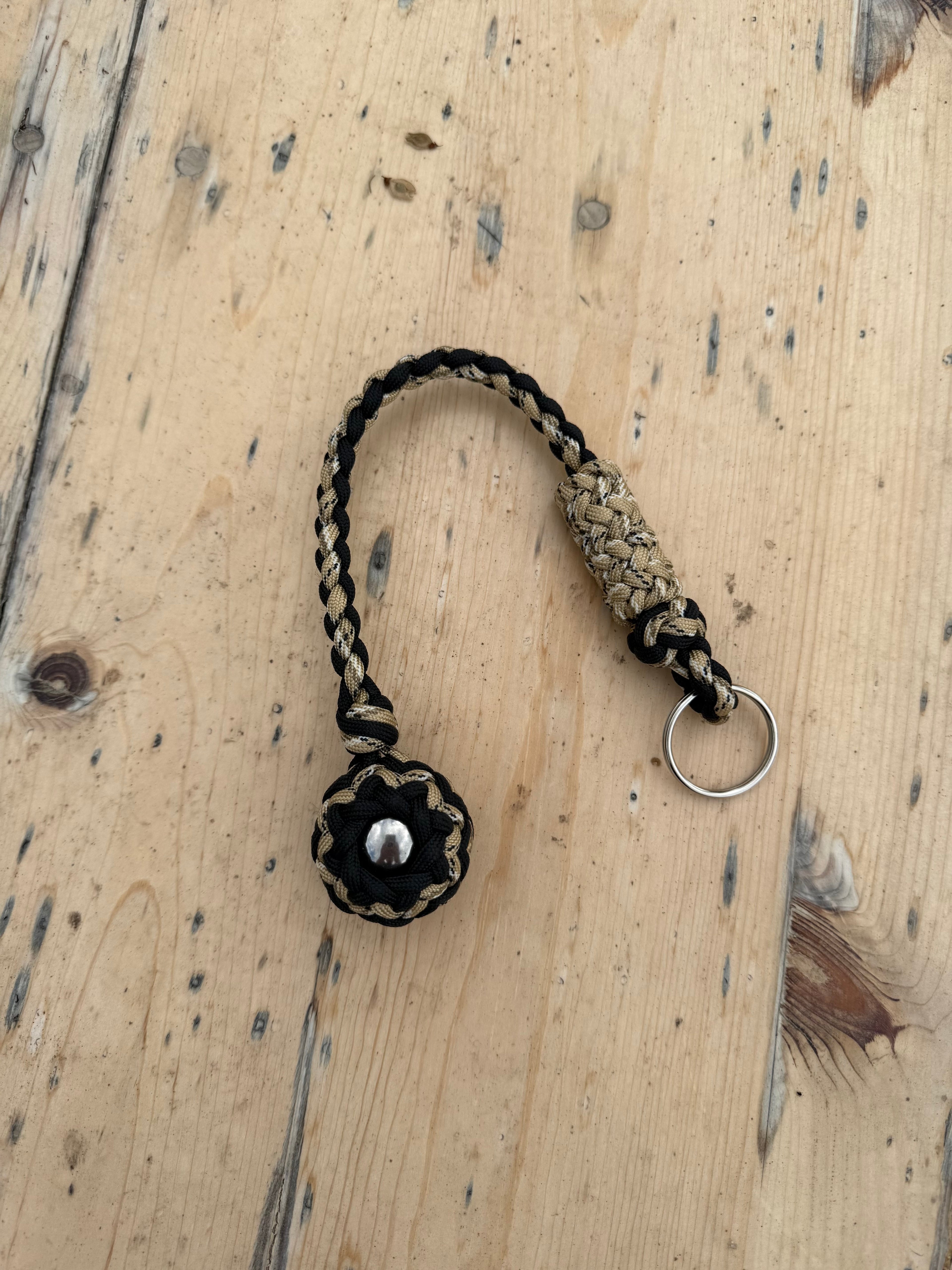 Decorative Paracord Wrapped 1.25 inch Steel Ball in Black and Tan Camo Keychain monkey fist style