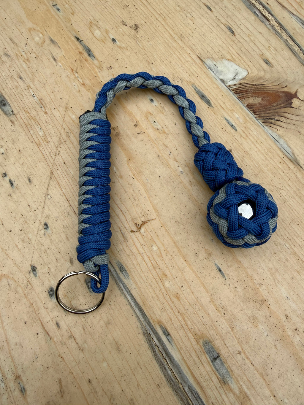 Decorative Paracord Wrapped 1 inch Steel Ball in Blue and Gray Keychain monkey fist style on a split ring