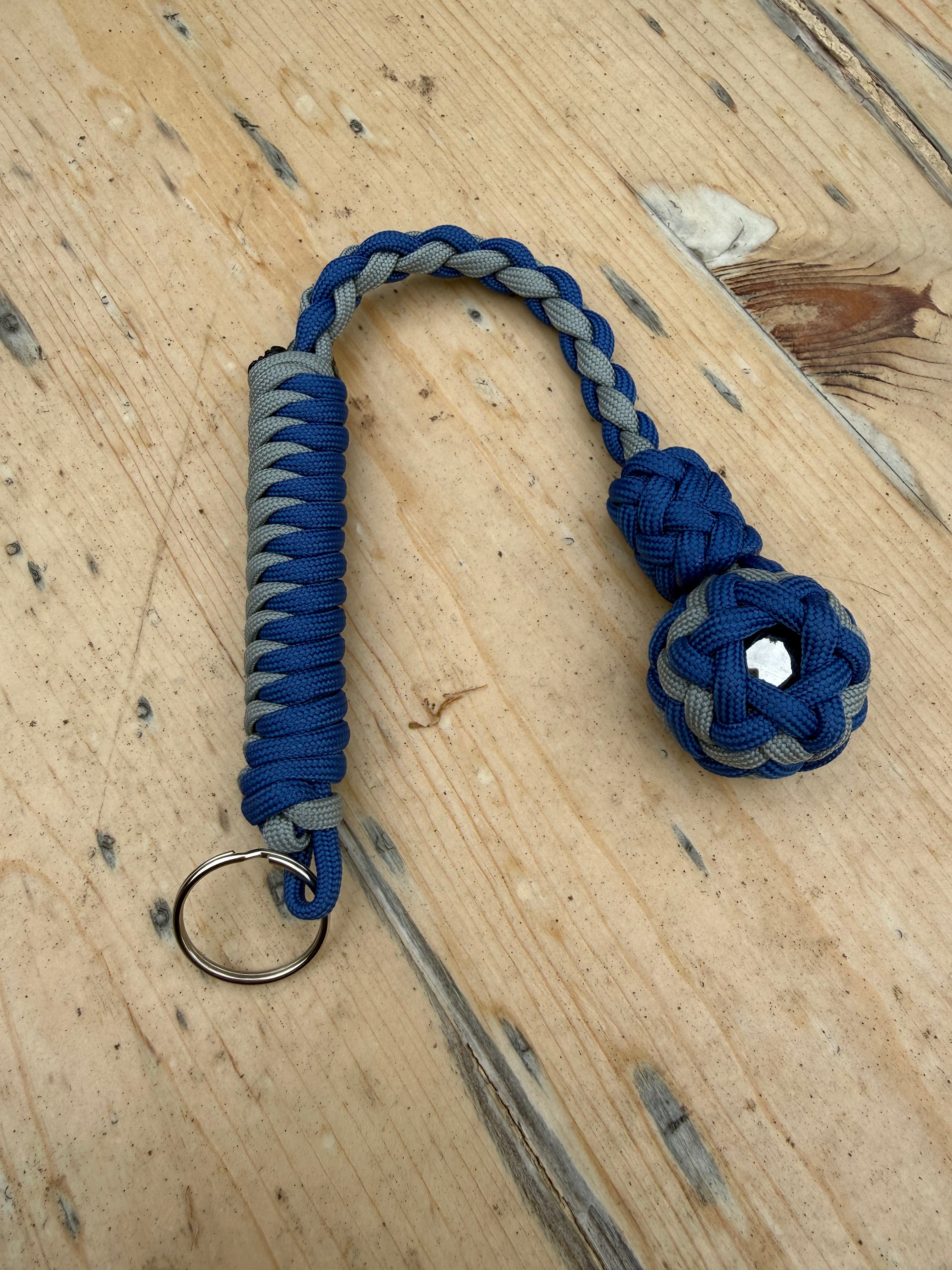 Decorative Paracord Wrapped 1 inch Steel Ball in Blue and Gray Keychain monkey fist style on a split ring