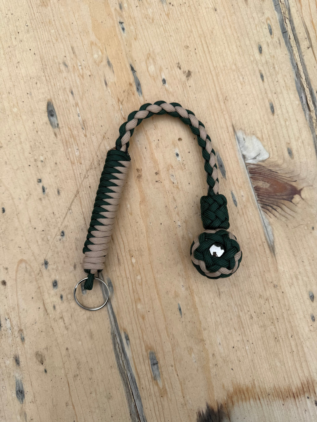 Decorative Paracord Wrapped 1 inch Steel Ball in Green and Tan Keychain monkey fist style on a split ring