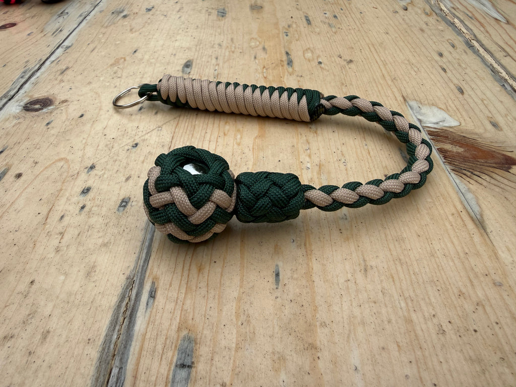 Decorative Paracord Wrapped 1 inch Steel Ball in Green and Tan Keychain monkey fist style on a split ring