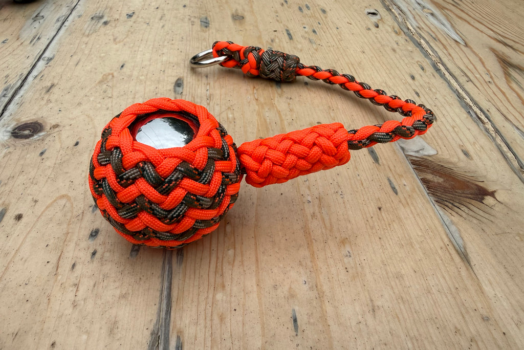 Decorative Paracord Wrapped 2 inch steel ball Keychain Neon Orange and Treestand