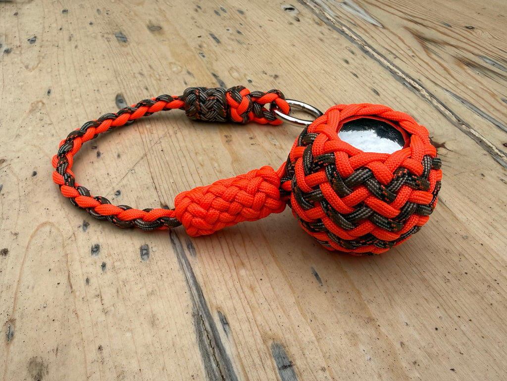 Decorative Paracord Wrapped 2 inch steel ball Keychain Neon Orange and Treestand