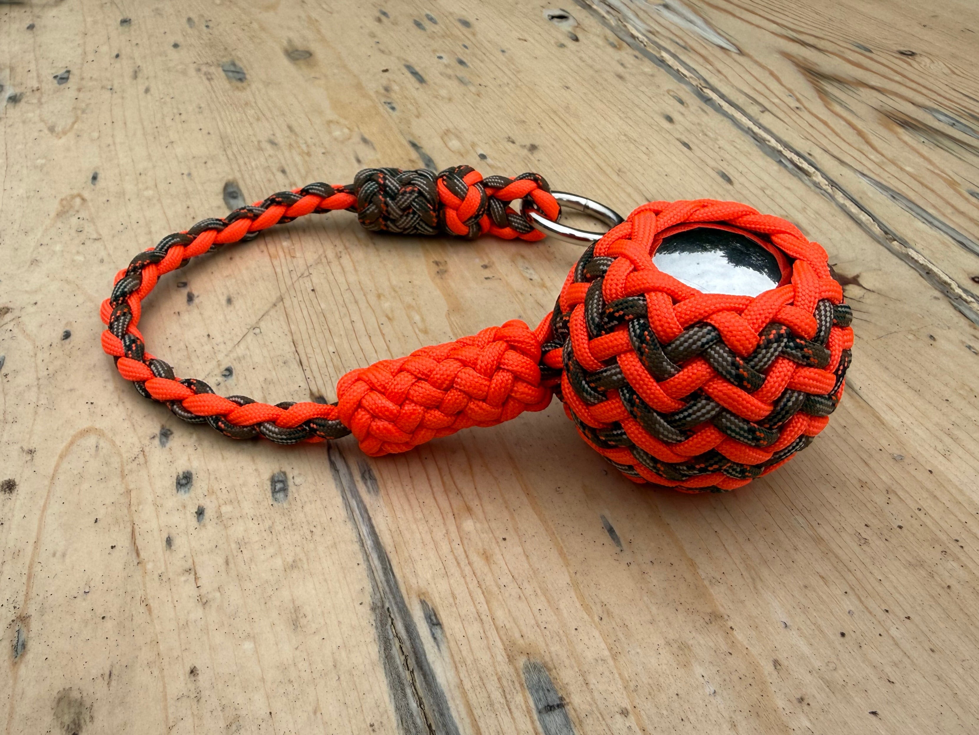 Decorative Paracord Wrapped 2 inch steel ball Keychain Neon Orange and Treestand