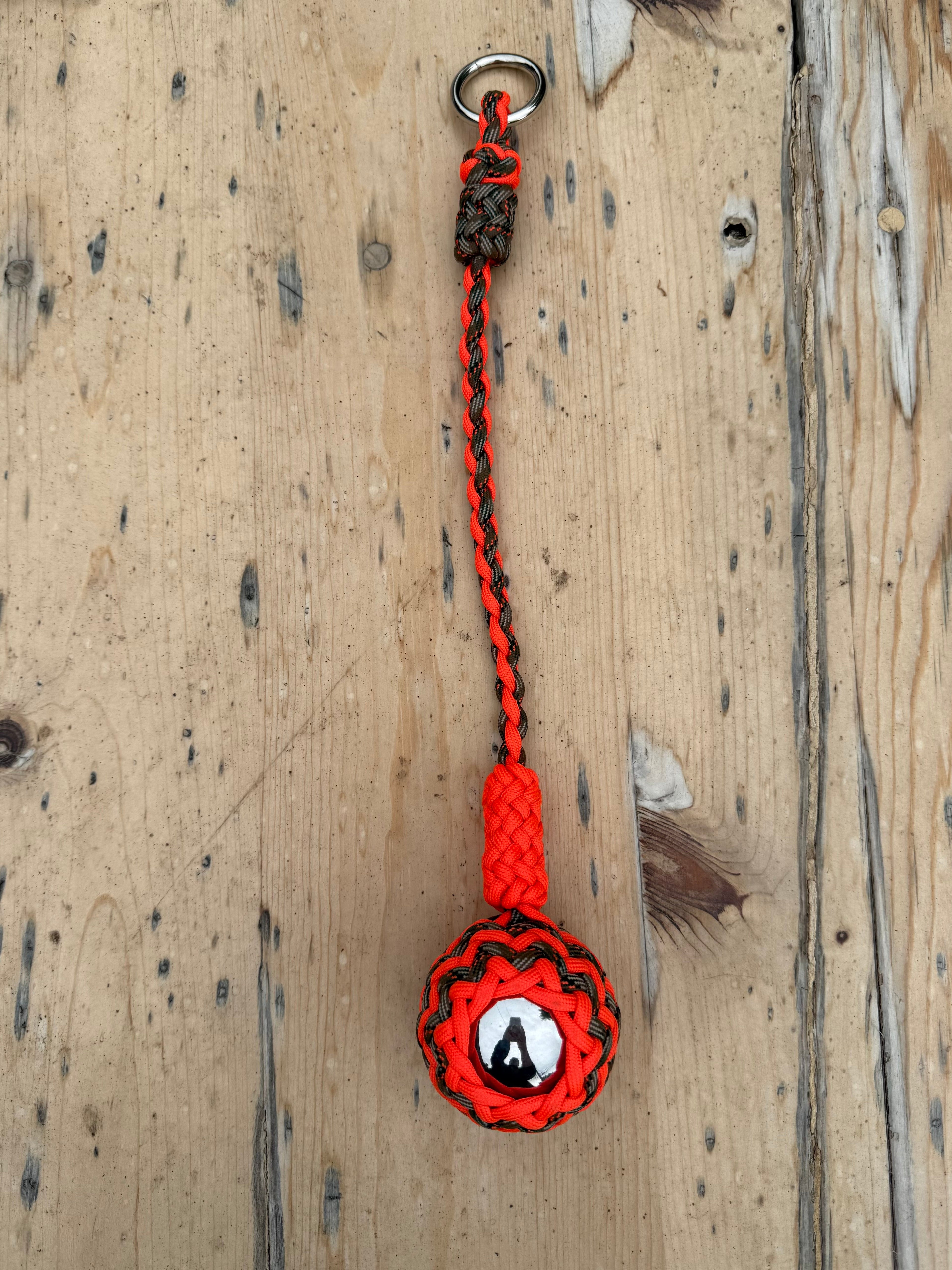 Decorative Paracord Wrapped 2 inch steel ball Keychain Neon Orange and Treestand