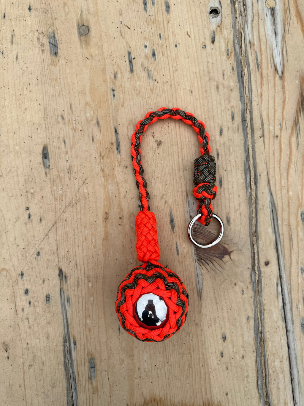 Decorative Paracord Wrapped 2 inch steel ball Keychain Neon Orange and Treestand
