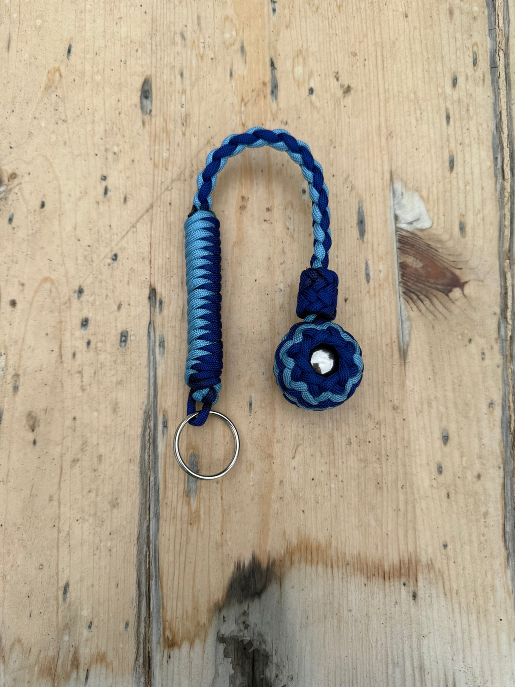 Decorative Paracord Wrapped 1.25 inch Steel Ball in Electric Blue and Baby Blue Keychain monkey fist style