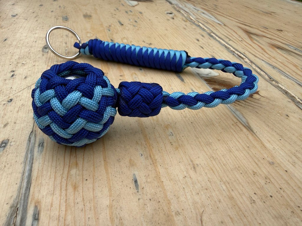 Decorative Paracord Wrapped 1.25 inch Steel Ball in Electric Blue and Baby Blue Keychain monkey fist style