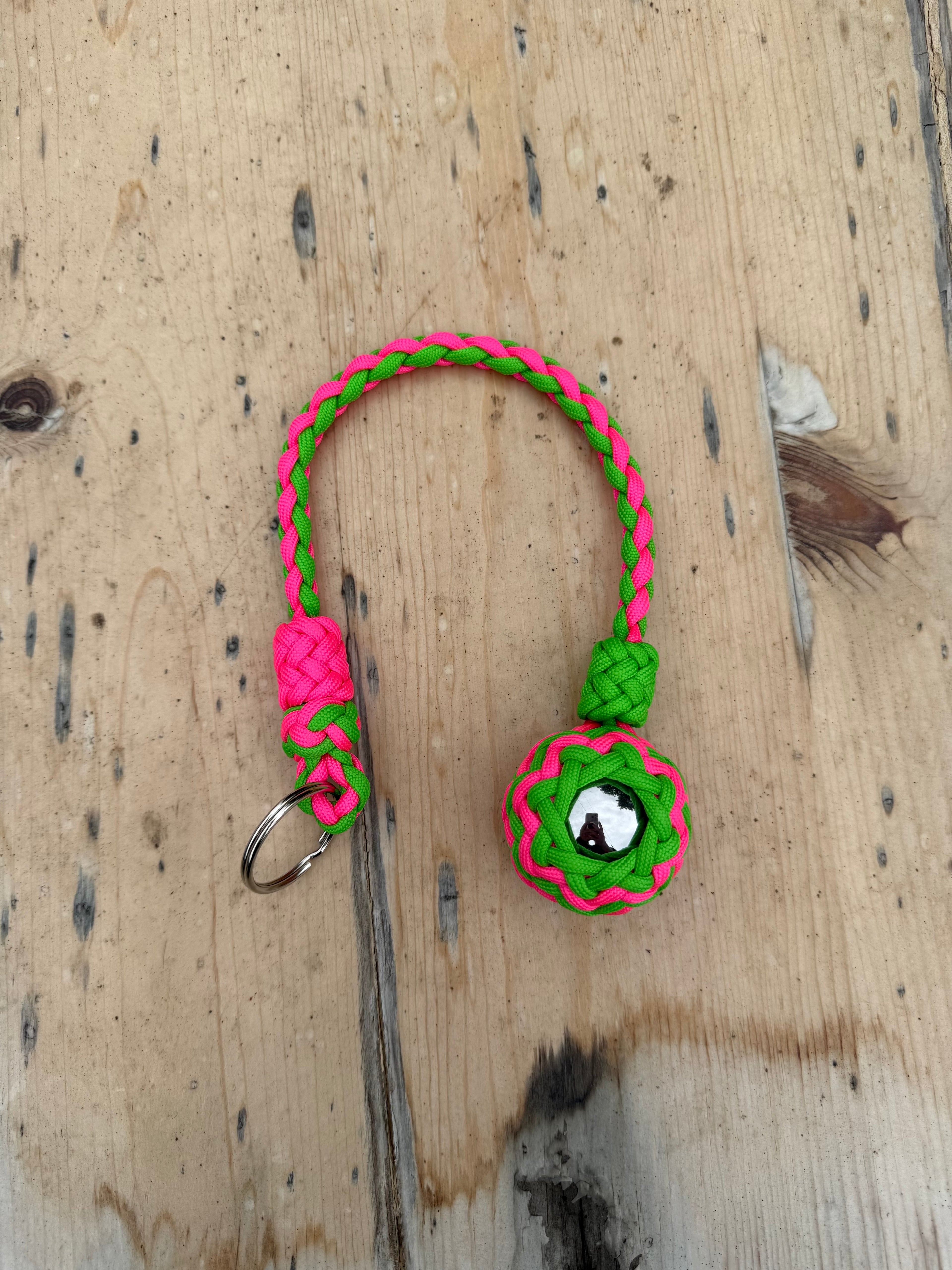 Decorative Paracord Wrapped 1.5 inch Steel Ball in Hot Pink and Neon Green monkey fist style on a split ring