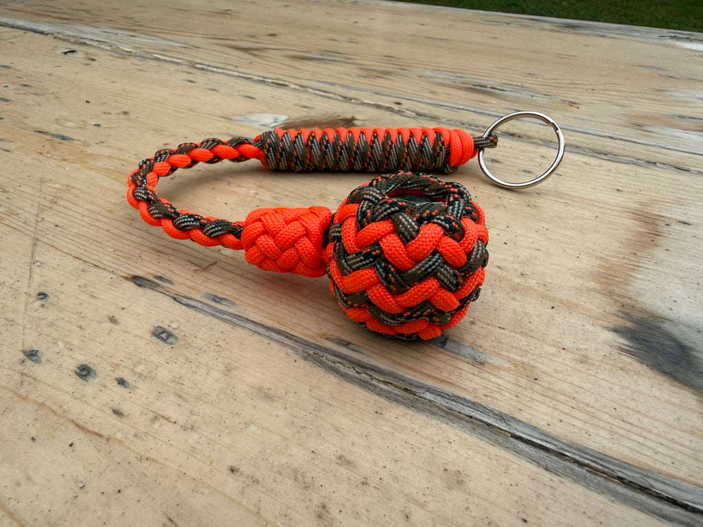Decorative Paracord Wrapped 1.25 inch Steel Ball in Neon Orange and Treestand Keychain monkey fist style