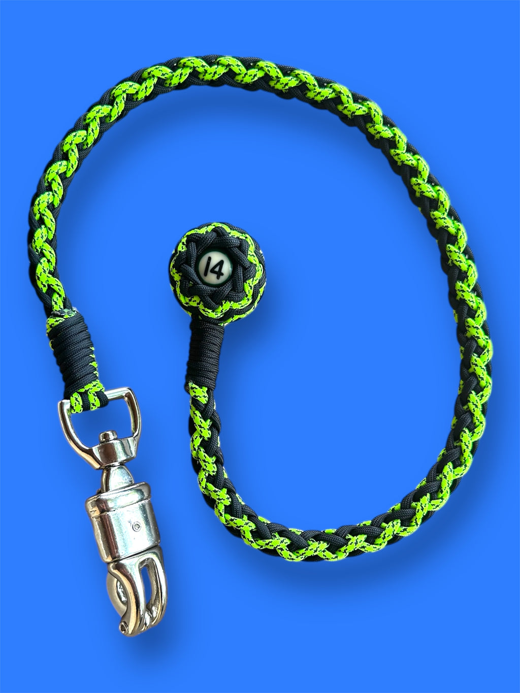 Paracord Motorcycle Get Back Whip Neon Green and Black with Mini Pool Ball Number 14 on a Panic Snap