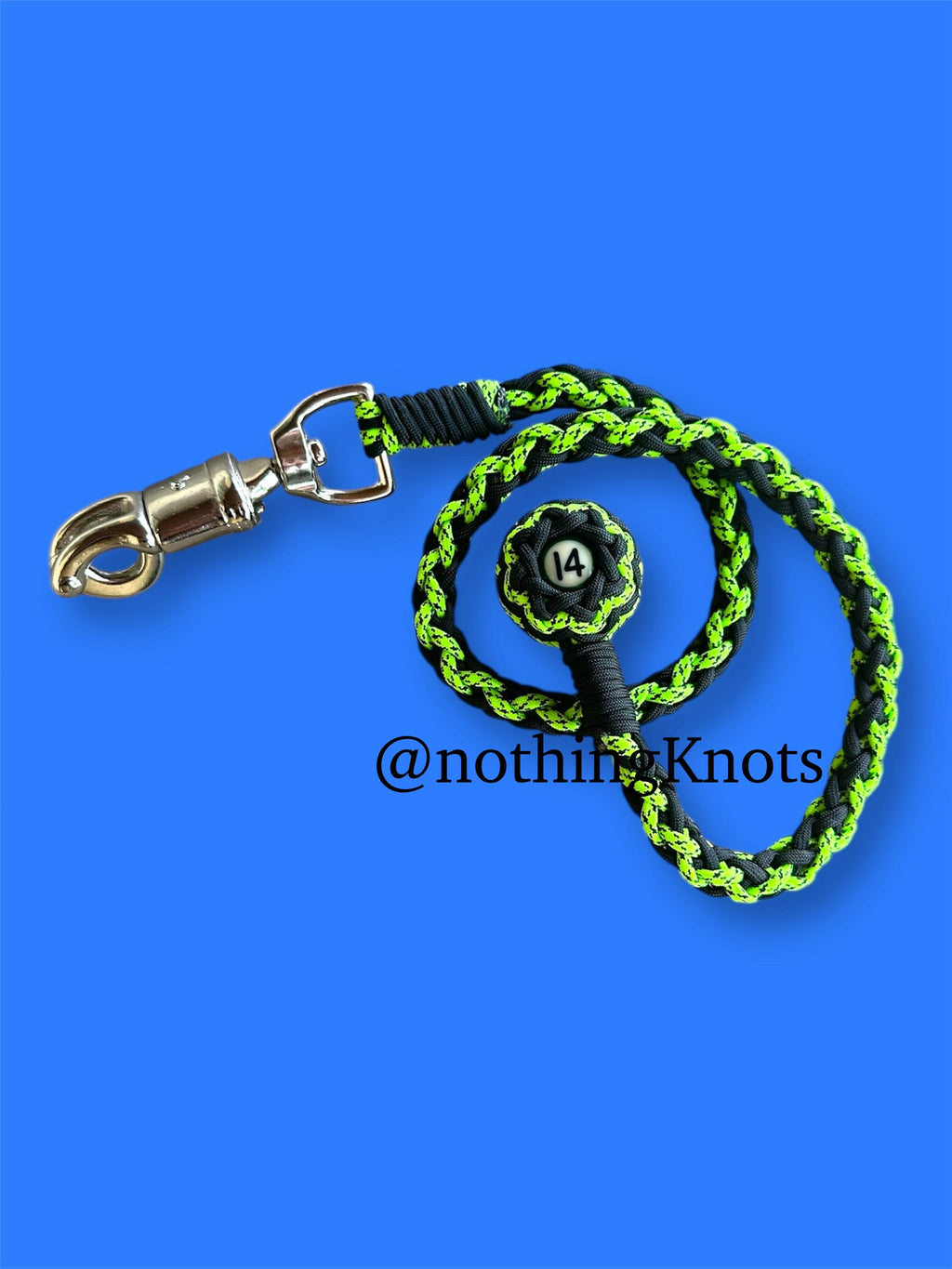 Paracord Motorcycle Get Back Whip Neon Green and Black with Mini Pool Ball Number 14 on a Panic Snap