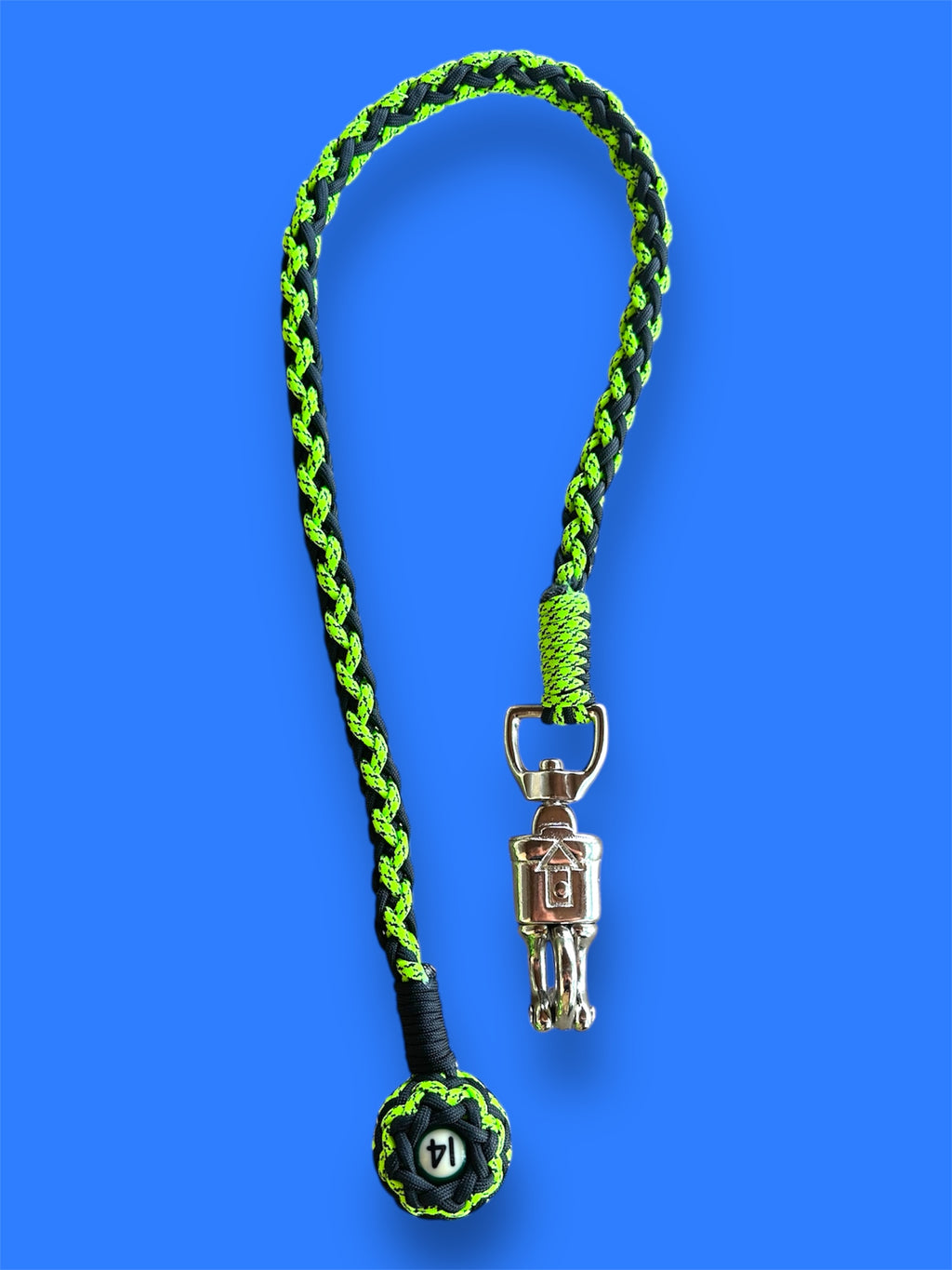 Paracord Motorcycle Get Back Whip Neon Green and Black with Mini Pool Ball Number 14 on a Panic Snap
