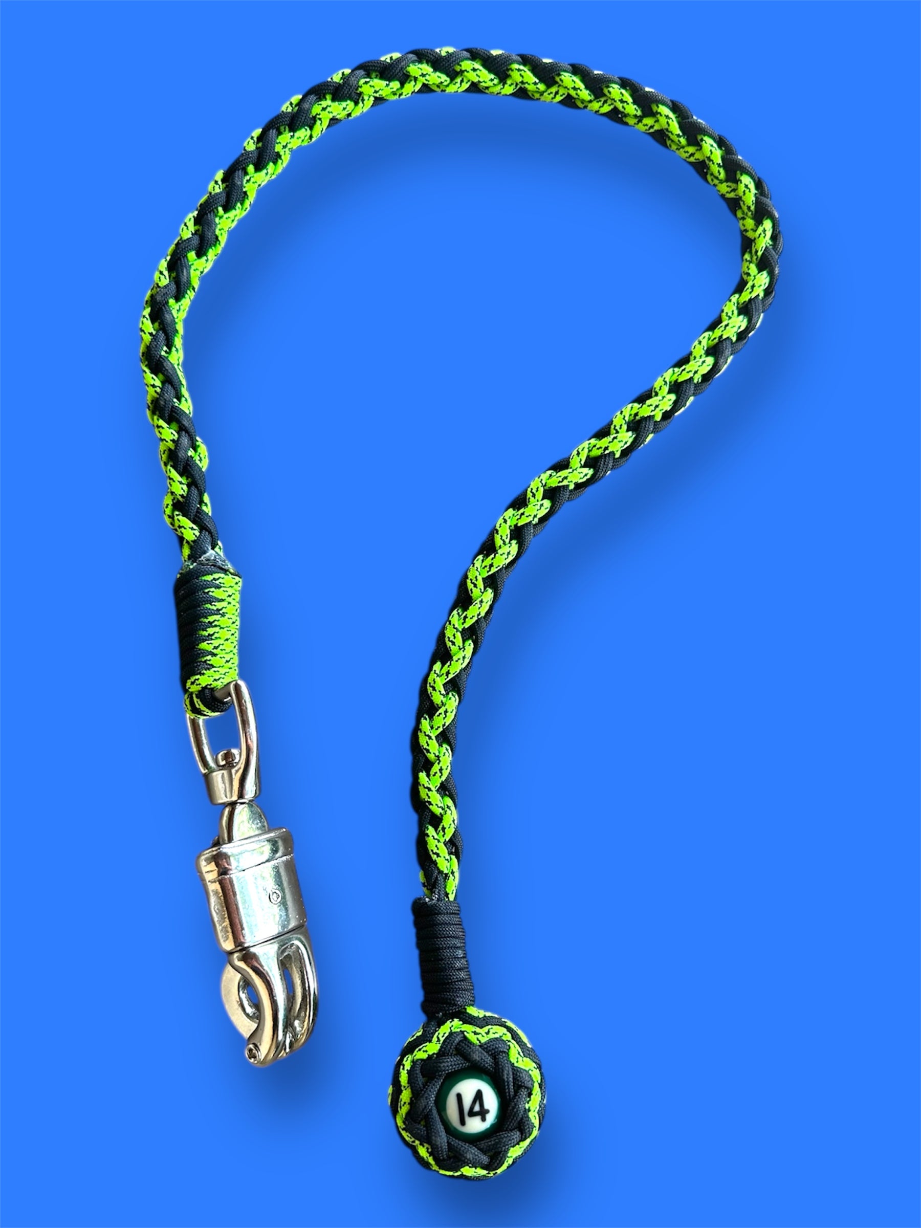 Paracord Motorcycle Get Back Whip Neon Green and Black with Mini Pool Ball Number 14 on a Panic Snap