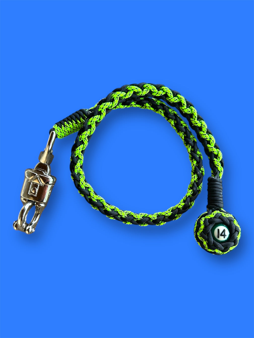 Paracord Motorcycle Get Back Whip Neon Green and Black with Mini Pool Ball Number 14 on a Panic Snap