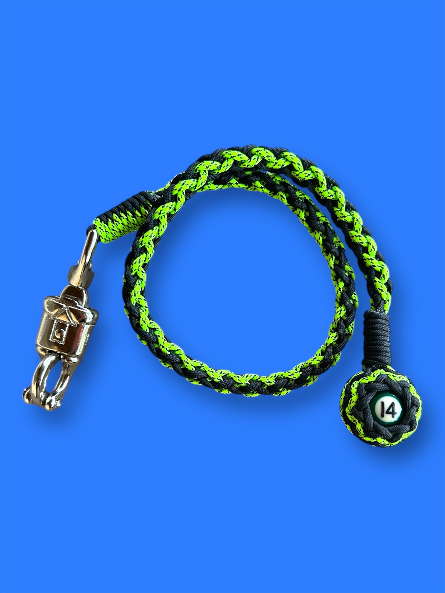 Paracord Motorcycle Get Back Whip Neon Green and Black with Mini Pool Ball Number 14 on a Panic Snap