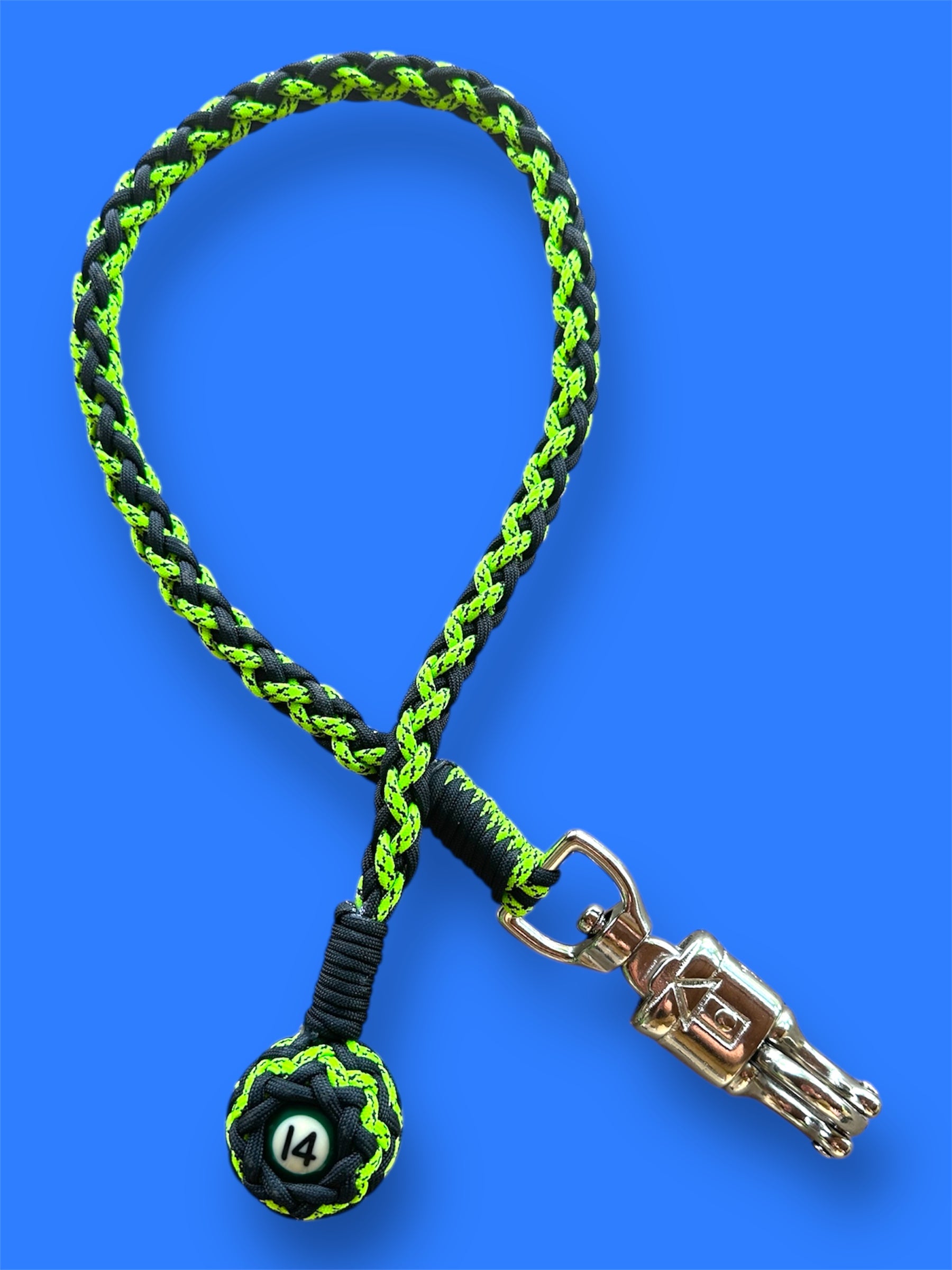 Paracord Motorcycle Get Back Whip Neon Green and Black with Mini Pool Ball Number 14 on a Panic Snap
